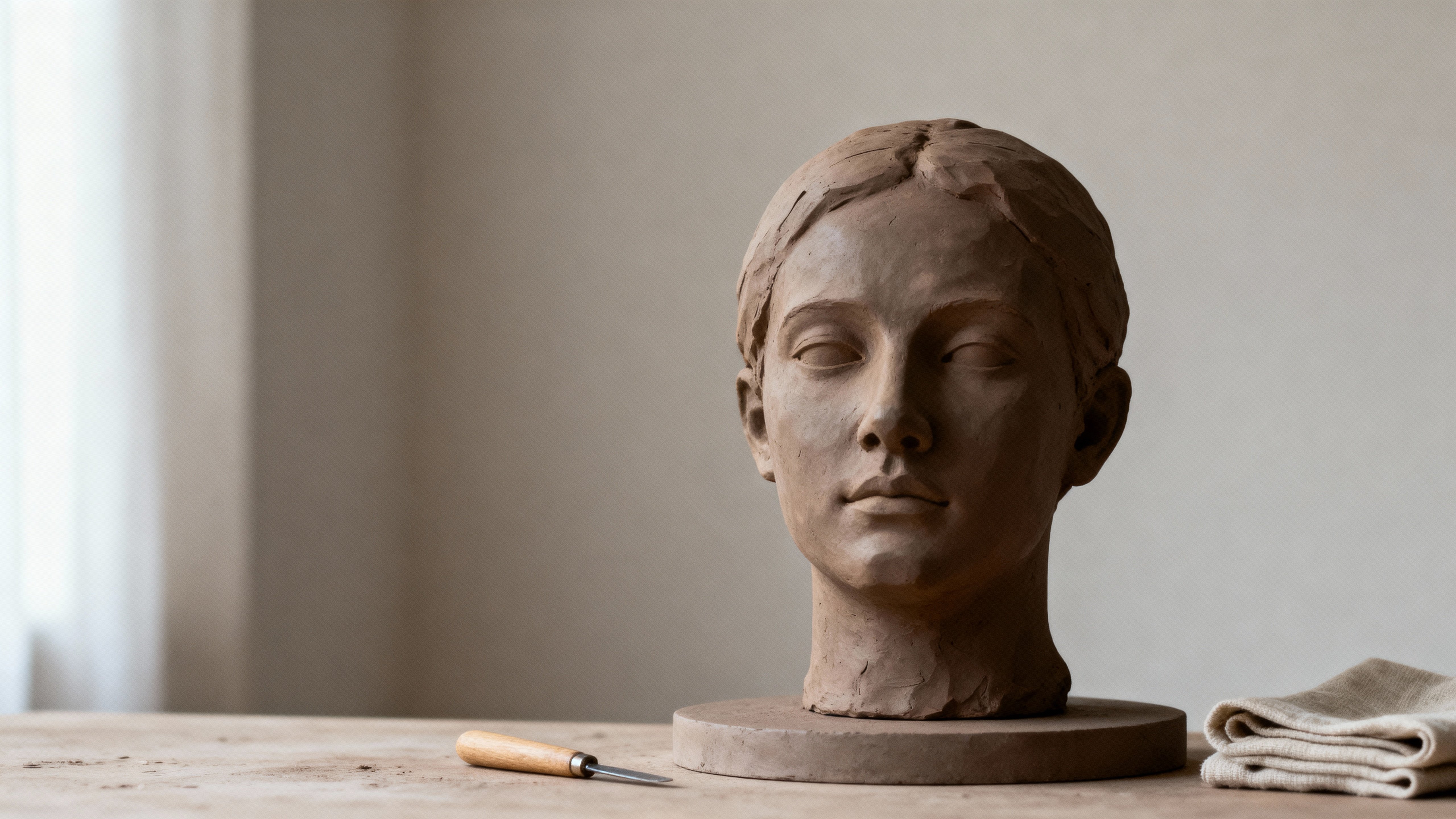 A matte clay sculpture sits in soft, diffuse shadow within a controlled 16:9 studio frame, emphasizing warm neutral tones and tactile surface detail for a calm, minimal still life composition.