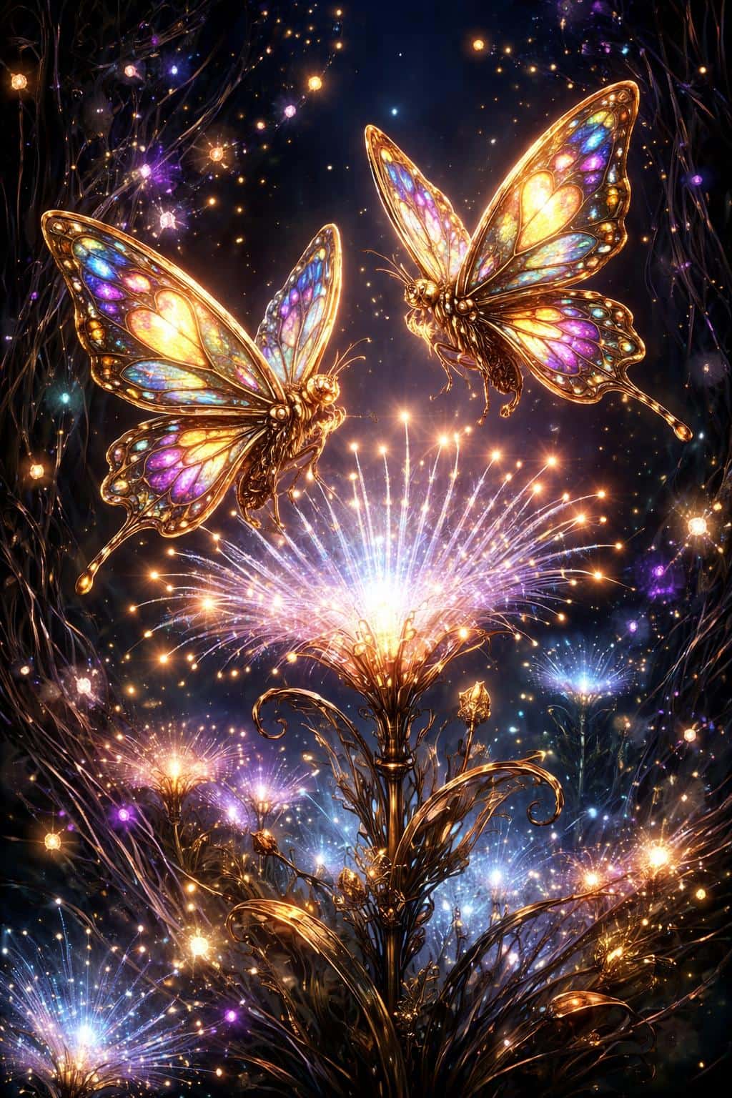 Two ornate brass clockwork butterflies with stained-glass wings perch on a glowing fiber-optic flower amid a vertical dreamlike garden of light-emitting plants.