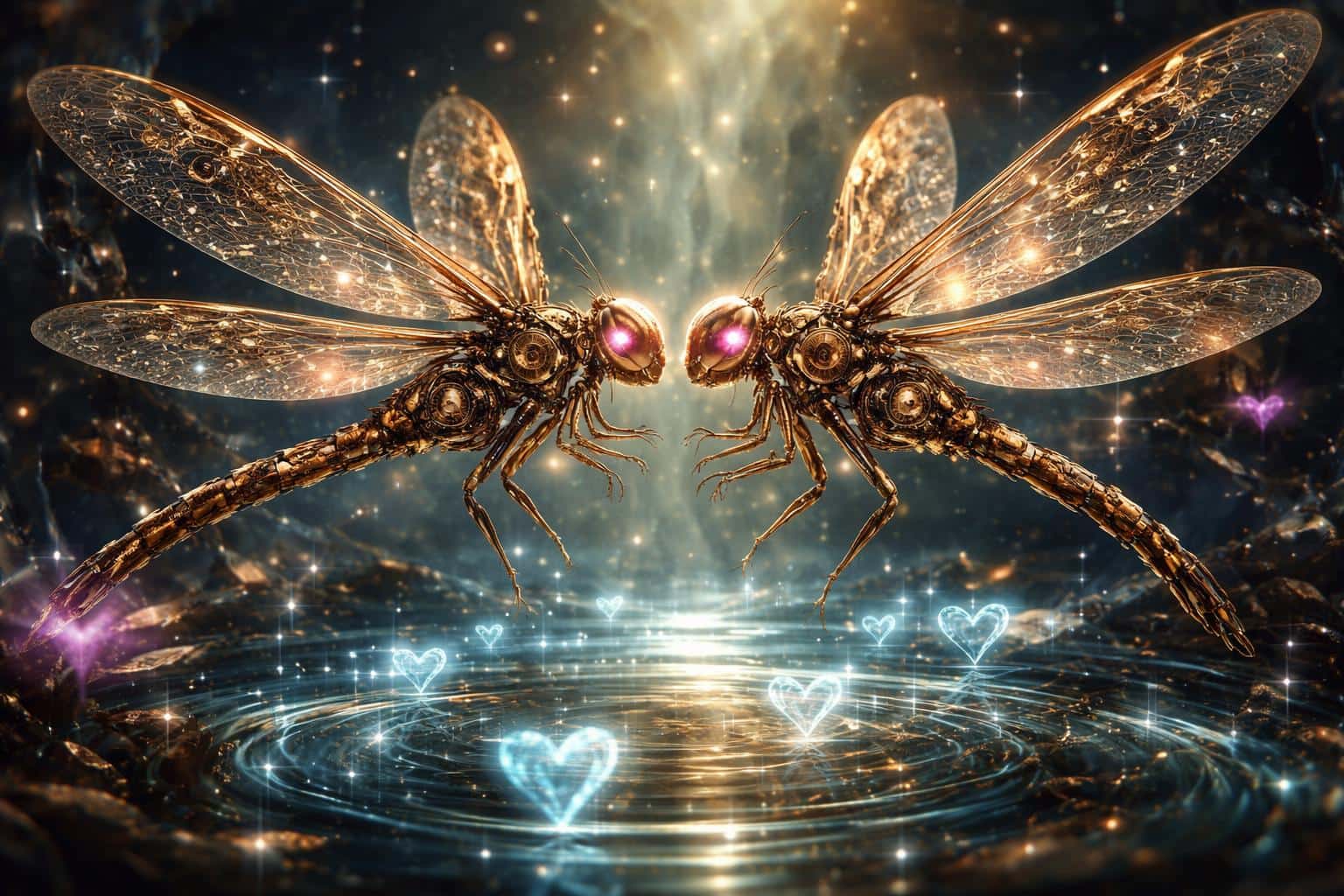 Two intricate brass, copper, and ruby-glass clockwork dragonflies hover above a futuristic digital pond with bioluminescent glow and holographic heart data streams.