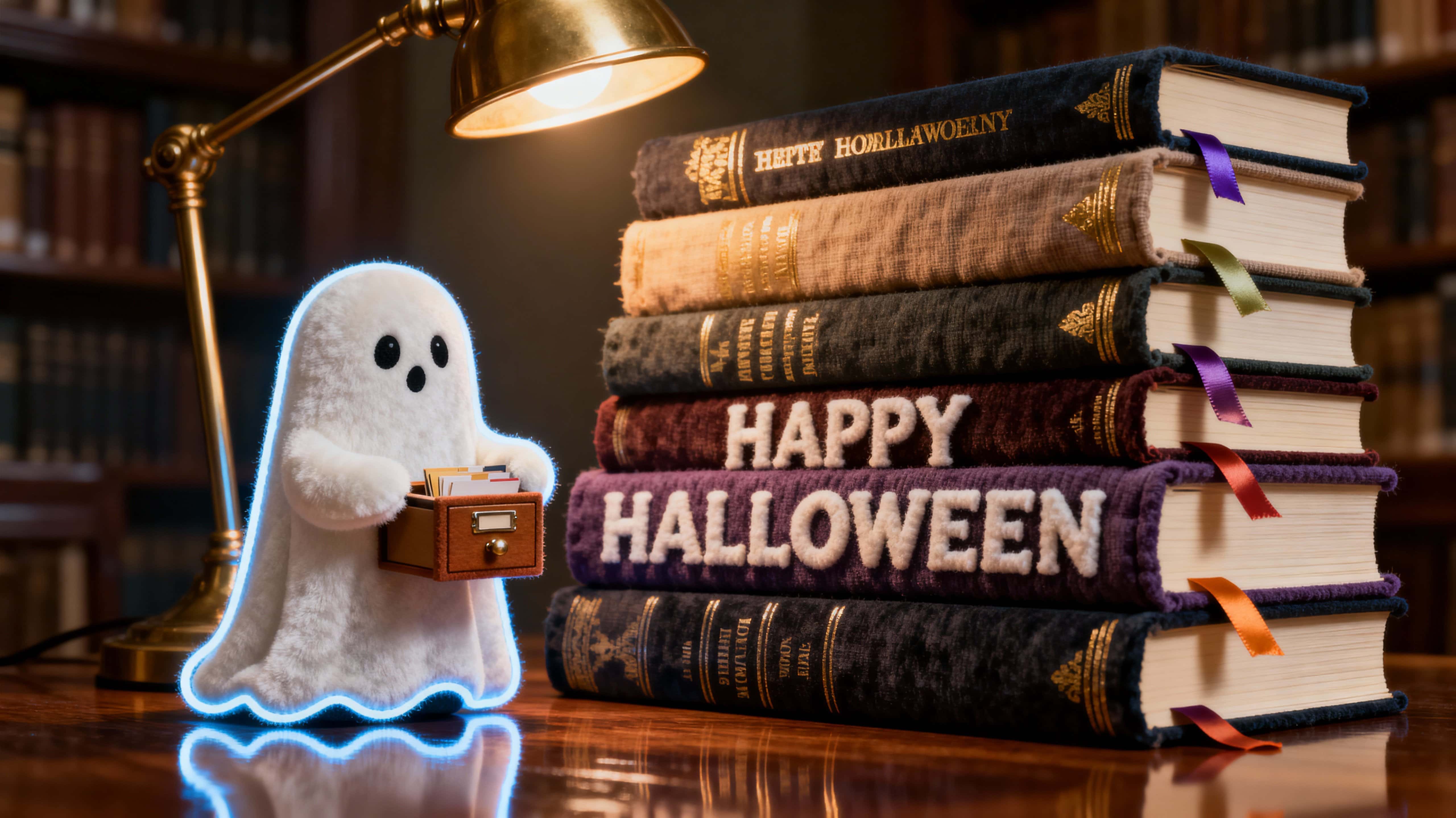 Photo-quality 16:9 render of 'HAPPY HALLOWEEN' built from stacked cloth book spines with gilt strokes and ribbon markers, a velour ghost librarian, warm brass glow #D4A017, gilt highlights #FFD700, pale velour #EAD7FF, cool rim #8ED0FF, and