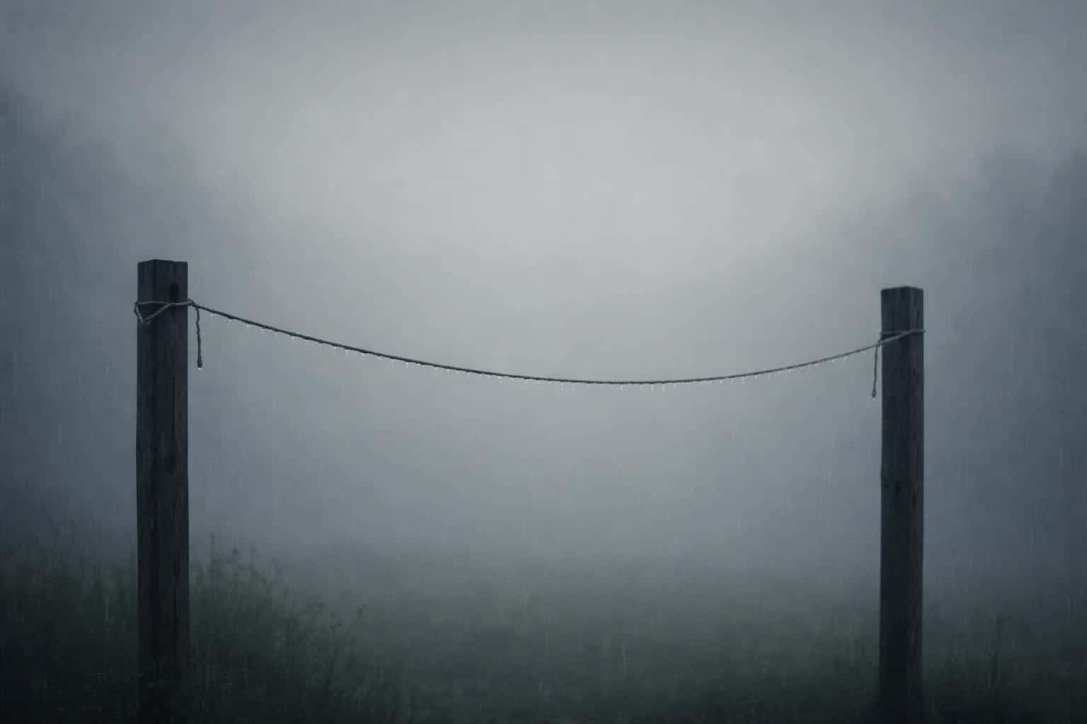 Minimal 3:2 widescreen of an empty clothesline between two posts in steady rain with beads on the rope, soft grey mist background, flat overcast light, and quiet absence.