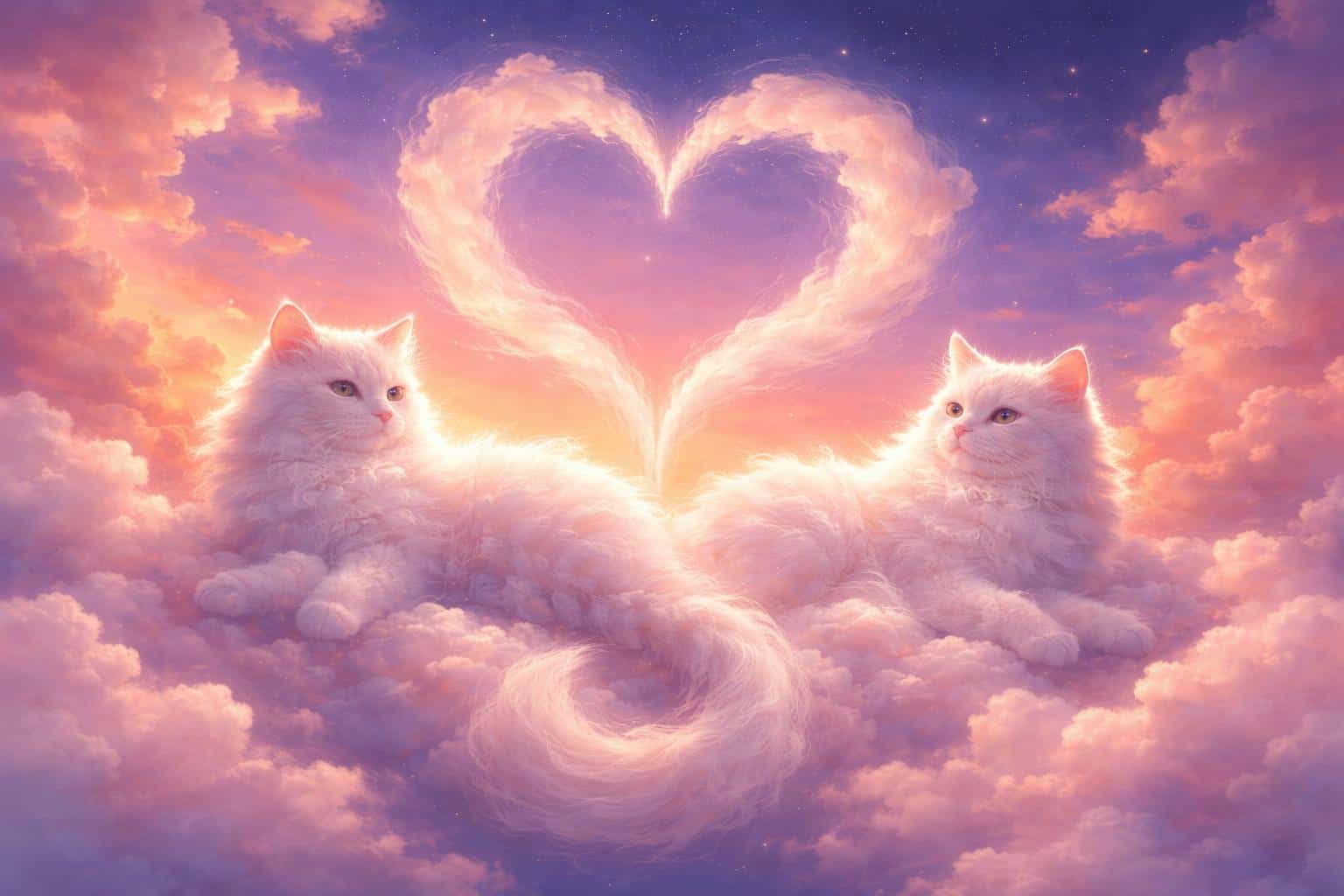 A dreamlike 3:2 landscape of two fluffy cloud cats of pink and white cumulus entwined into a heart-shaped tail silhouette against a glowing sunset.