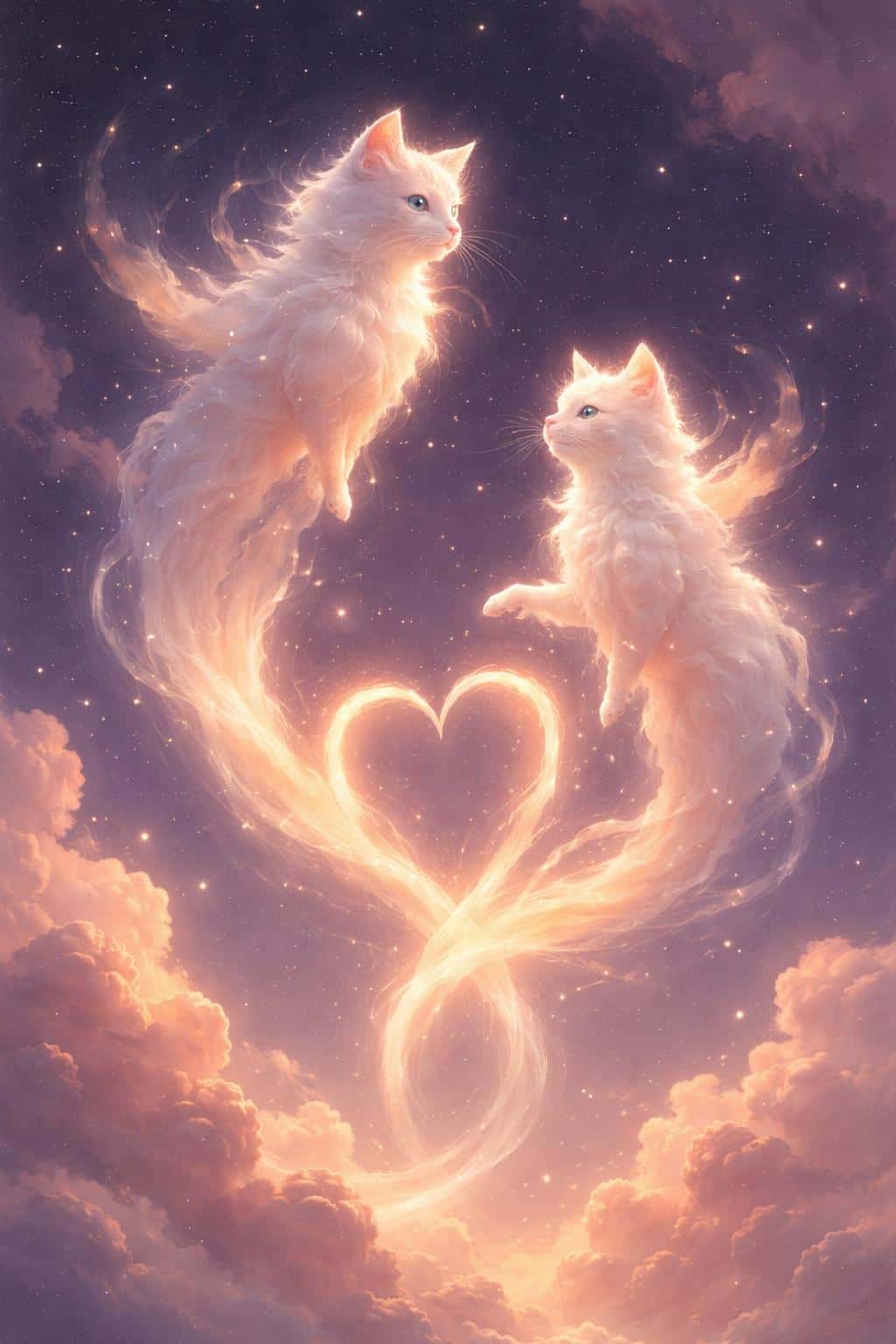 Two ethereal cloud-creature cats of swirling white and peach mist ascend in a vertical 2:3 twilight sky, tails entwined into a glowing heart guiding the gaze upward.