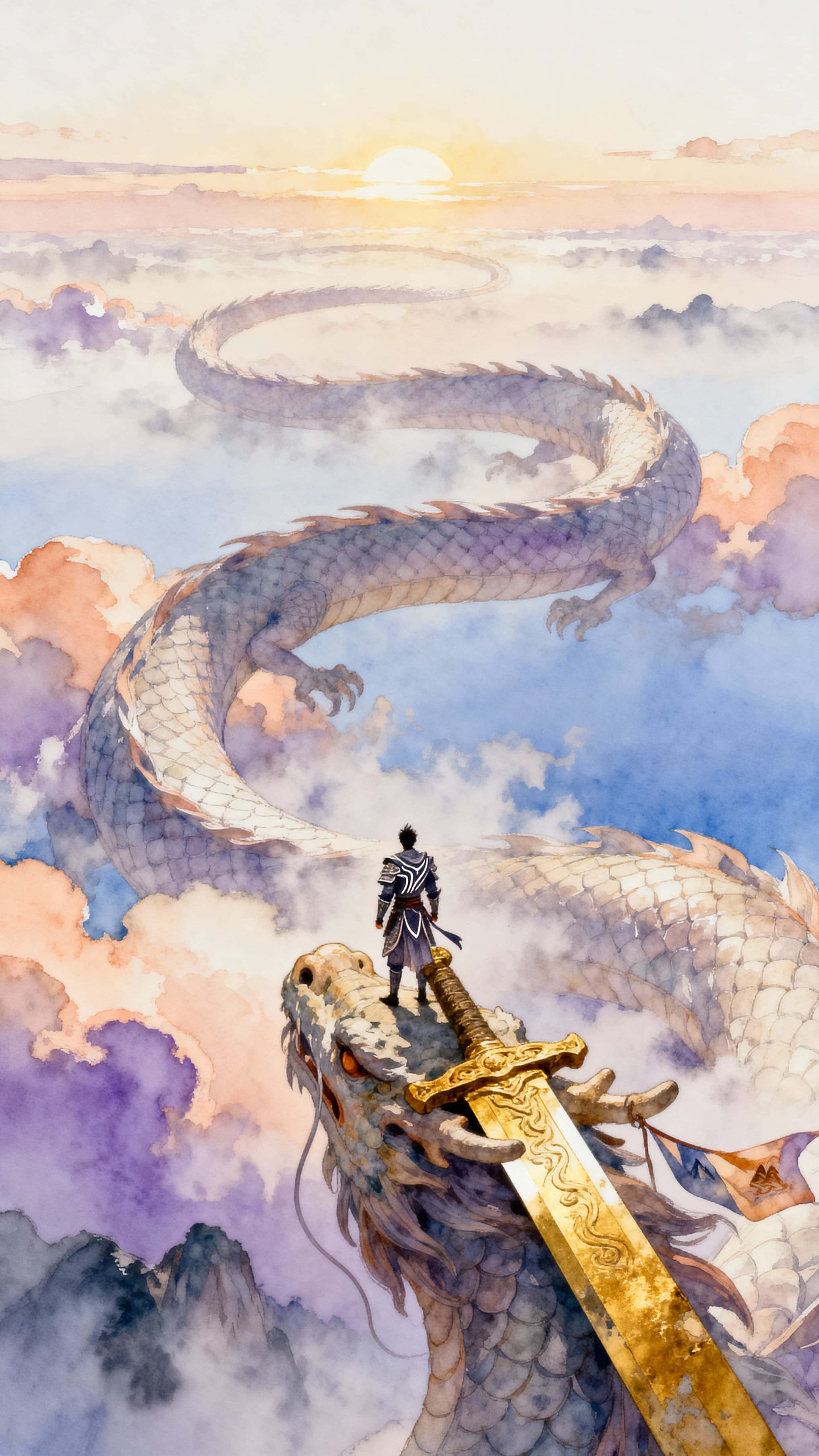 A cloud dragon twists through a tall pastel sky while a lone warrior balances on its head amid drifting fog, with sunlight piercing the haze to gild contours and cast long, soft shadows.