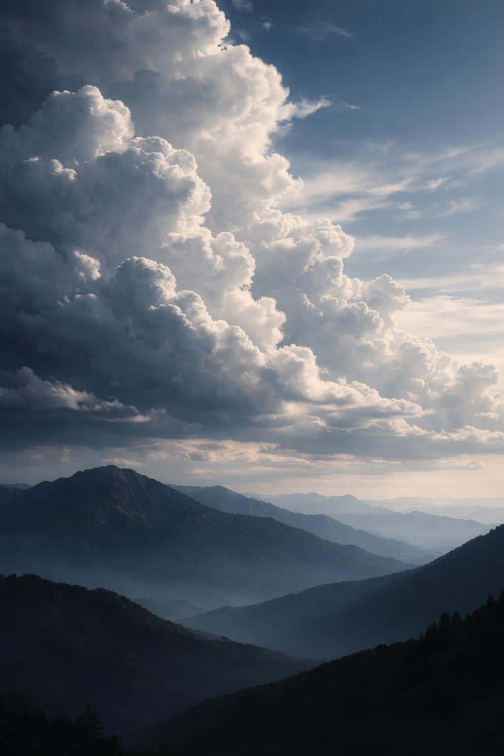 Dramatic cloud-filled sky above distant mountains shot as a vertical 2:3 landscape for poster or wallpaper, emphasizing layered depth and moody atmosphere.