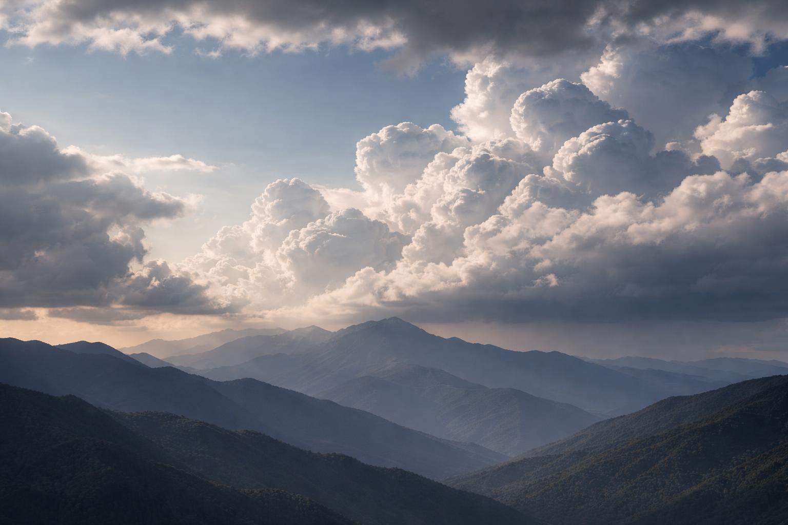Wide 3:2 landscape photograph of a cloud-filled sky above a distant mountain range, with layered ridgelines and dramatic soft light for a poster or wallpaper use.