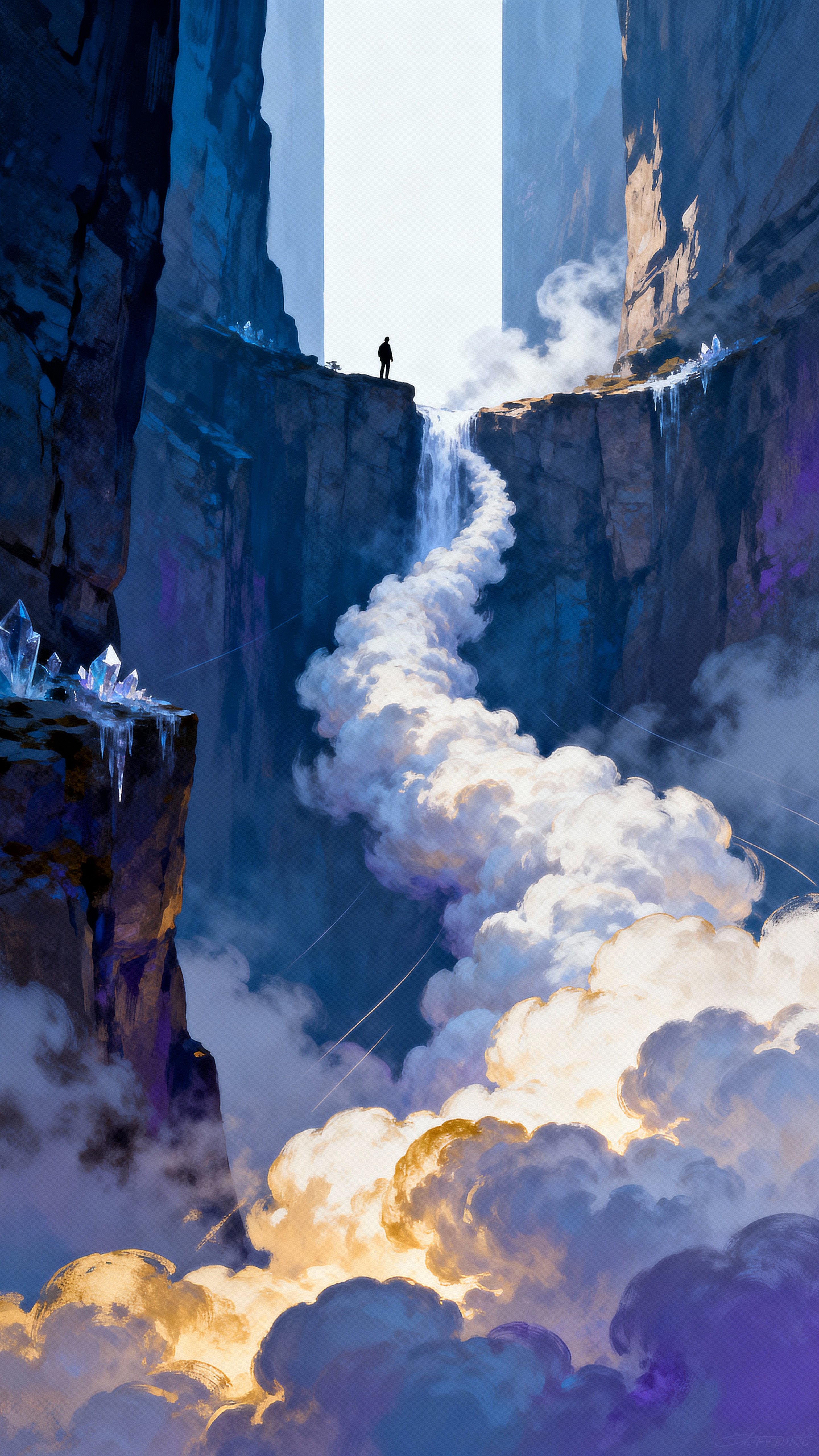A towering, surreal cloud river appears to climb a vertical landscape within a 9:16 portrait frame, with luminous mist, layered cloudbanks, and a gentle, upward dreamlike momentum.