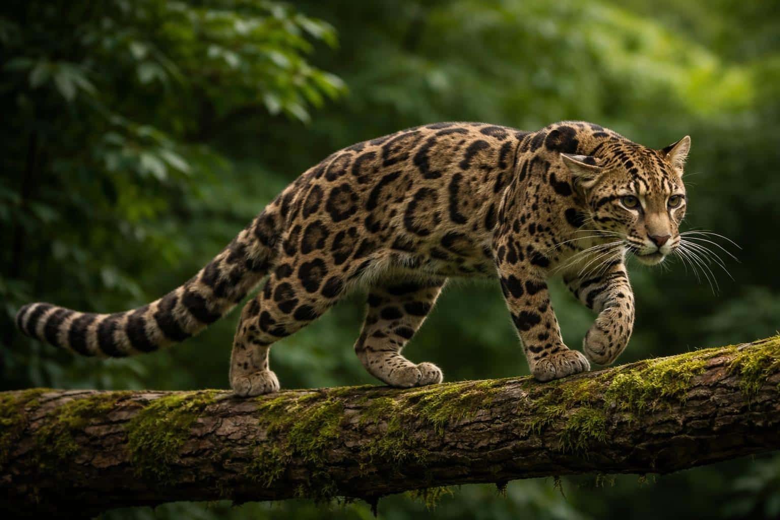 One clouded leopard on a mossy horizontal branch, photographed as a wildlife portrait in natural forest light with faithful texture and color, for wallpaper use.