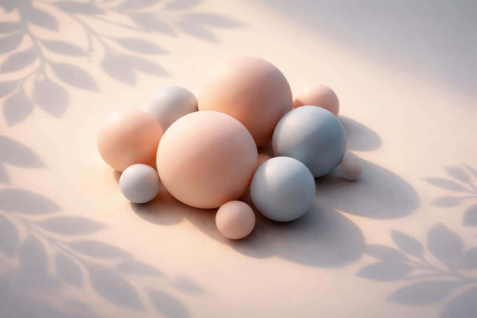 Softly lit 3D still-life of smooth spheres and curved foliage in a minimalist layout, produced as a 3:2 wallpaper-style 3D render for backgrounds and headers.