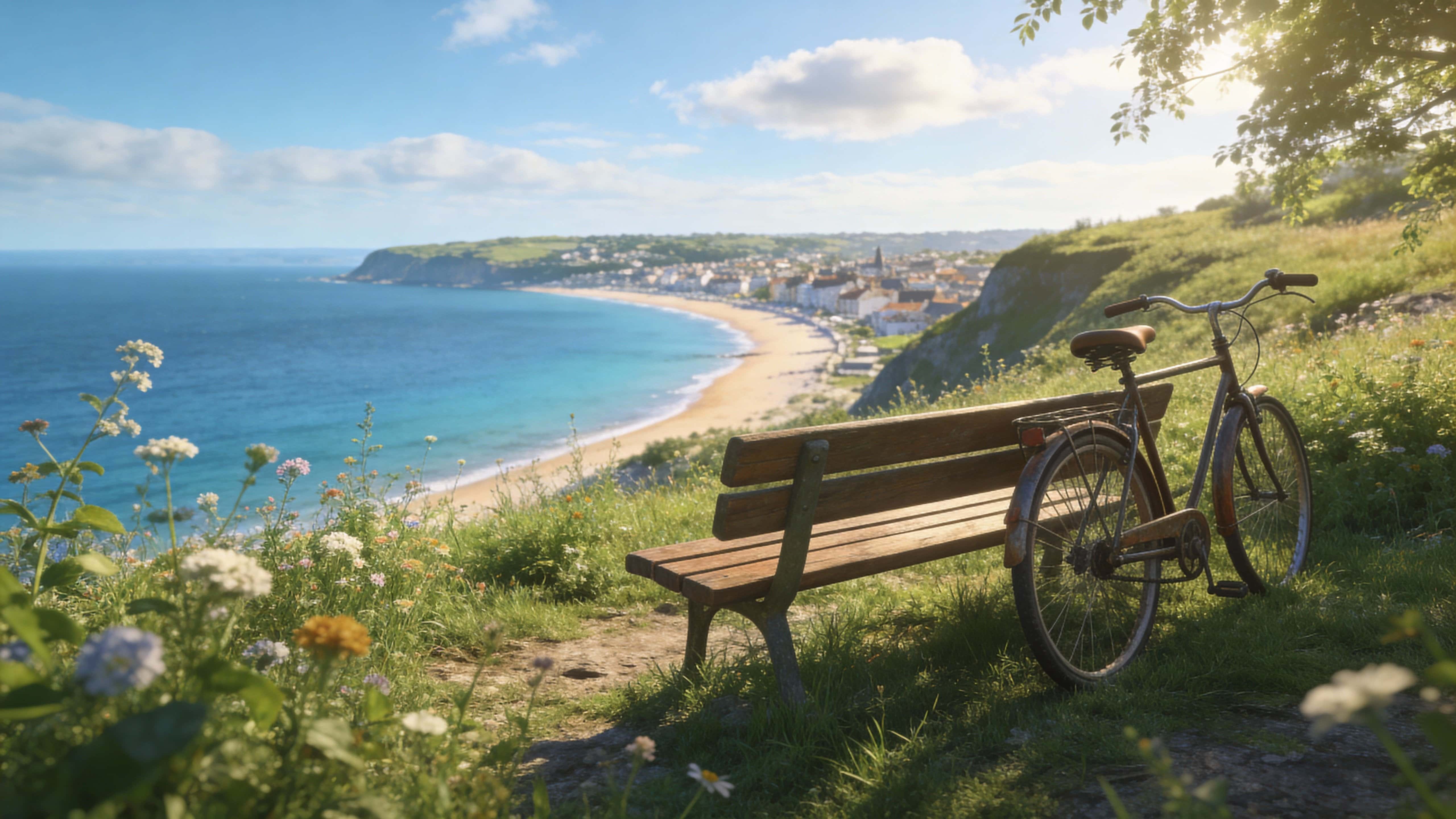 A tranquil coastal overlook with a wooden bench and vintage bicycle on a grassy cliff with wildflowers, overlooking a sweeping blue bay and sandy shoreline, framed in 16:9.