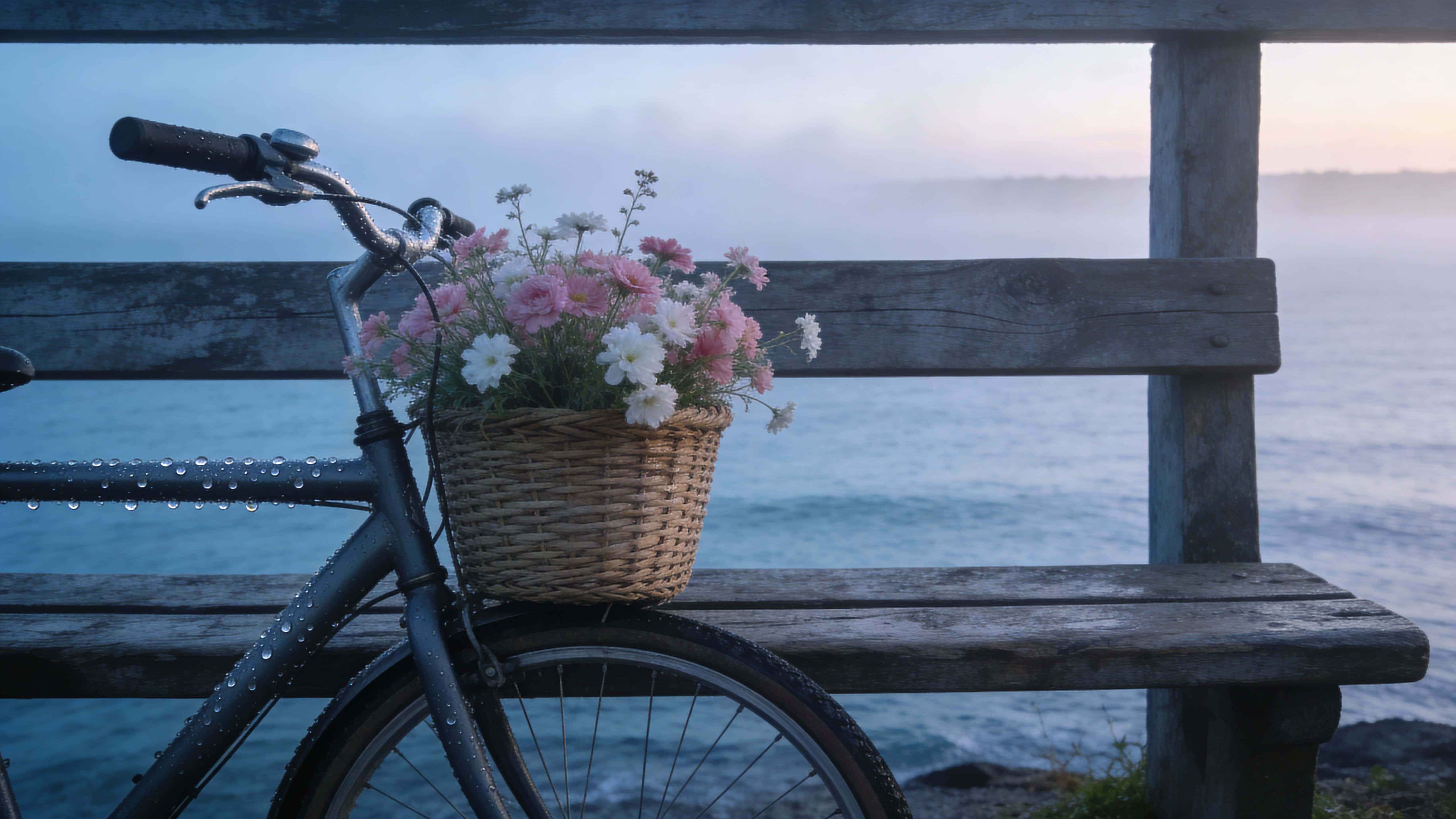 A misty coastal morning scene with a wooden bench overlooking the calm sea, a bicycle with a flower-filled basket leaning nearby, cool blue tones and soft dawn light.