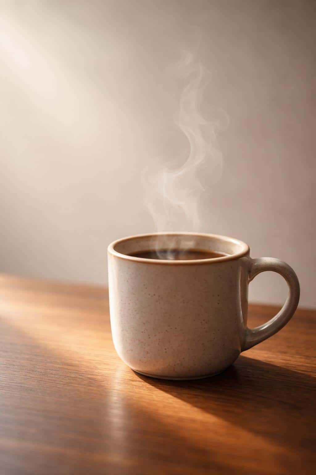 Close-up still life of a steaming coffee cup in warm morning light, framed vertically at 2:3 for wallpaper or poster use with clean, minimal composition and shallow depth.