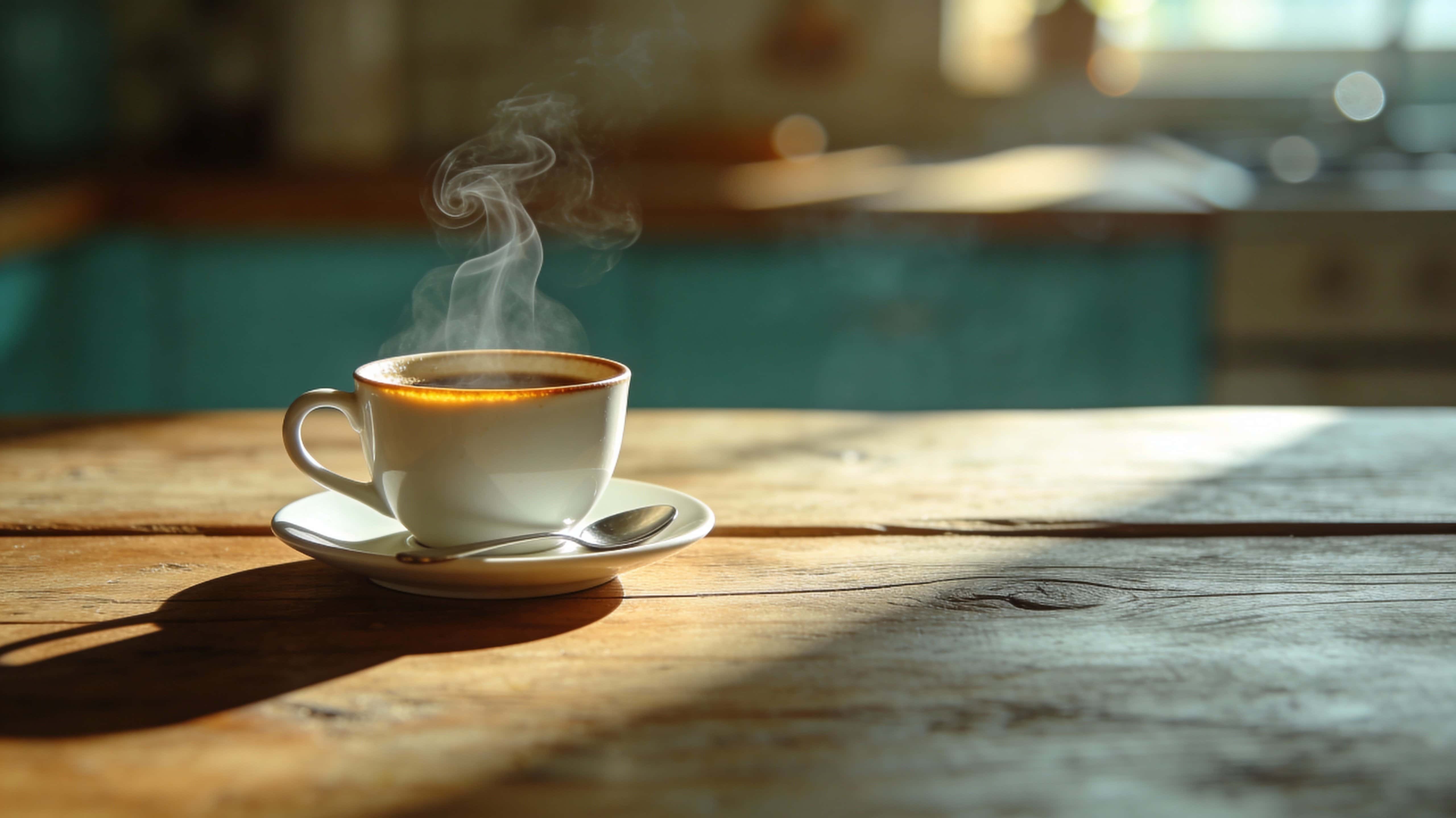 A still-life photograph of a single coffee cup with visible steam, shot in 16:9 morning light for a relaxed wallpaper or poster-cover use with soft atmospheric warmth.