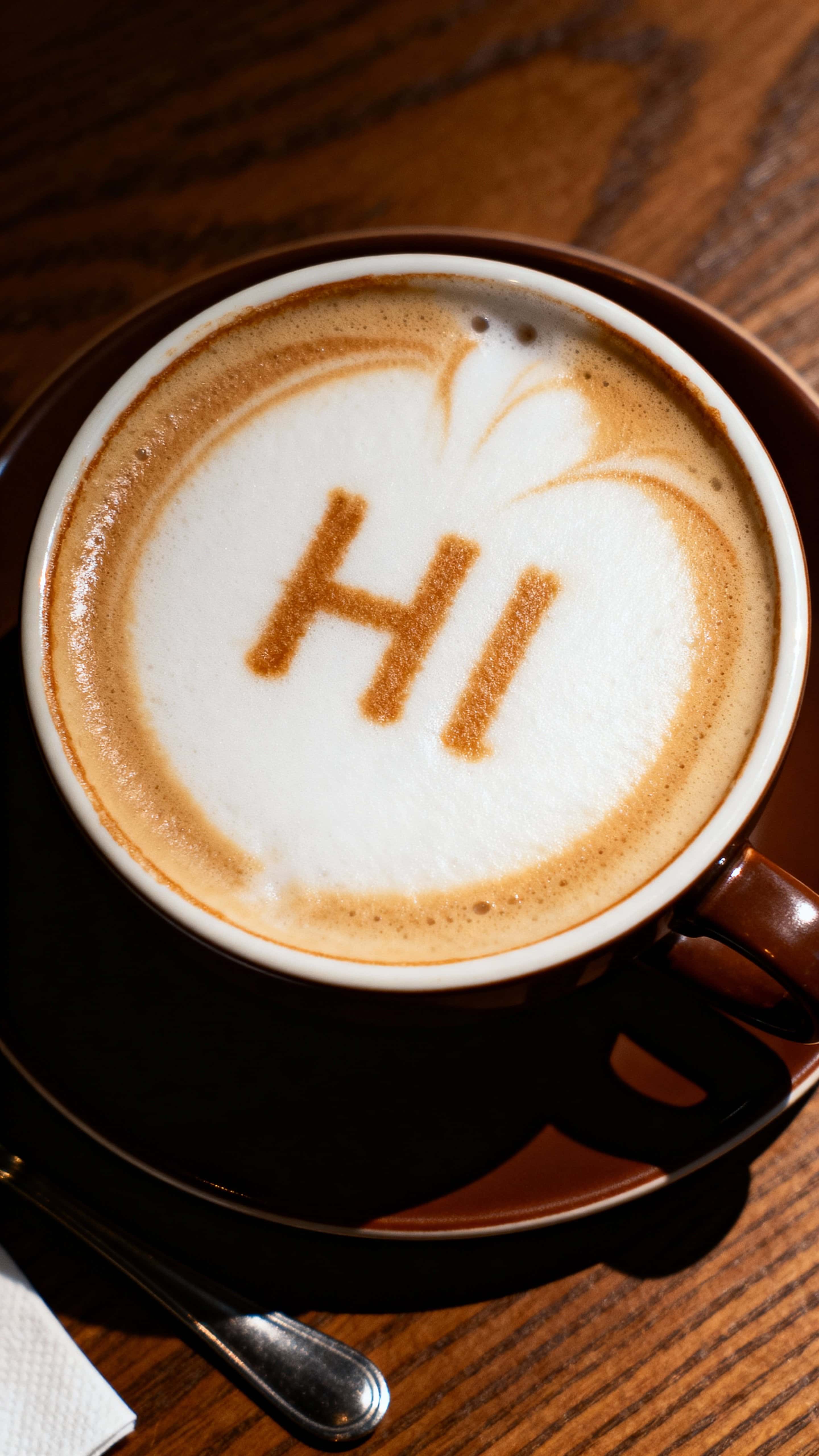 A vertical 9:16 close portrait of a latte with the letters "HI" drawn in foam under warm café light, framed tightly for social stories and intimate viewing on mobile devices.