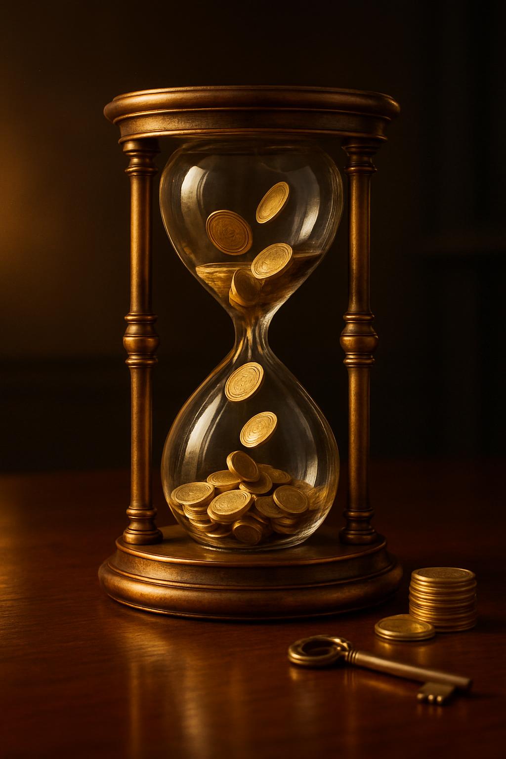 A luxurious hourglass on a polished mahogany table pours coins instead of sand, a compact allegory of time equated to wealth. Warm candlelight catches bronze rims and gold coins, suggesting fleeting, precious moments in a small, intimate tableau.