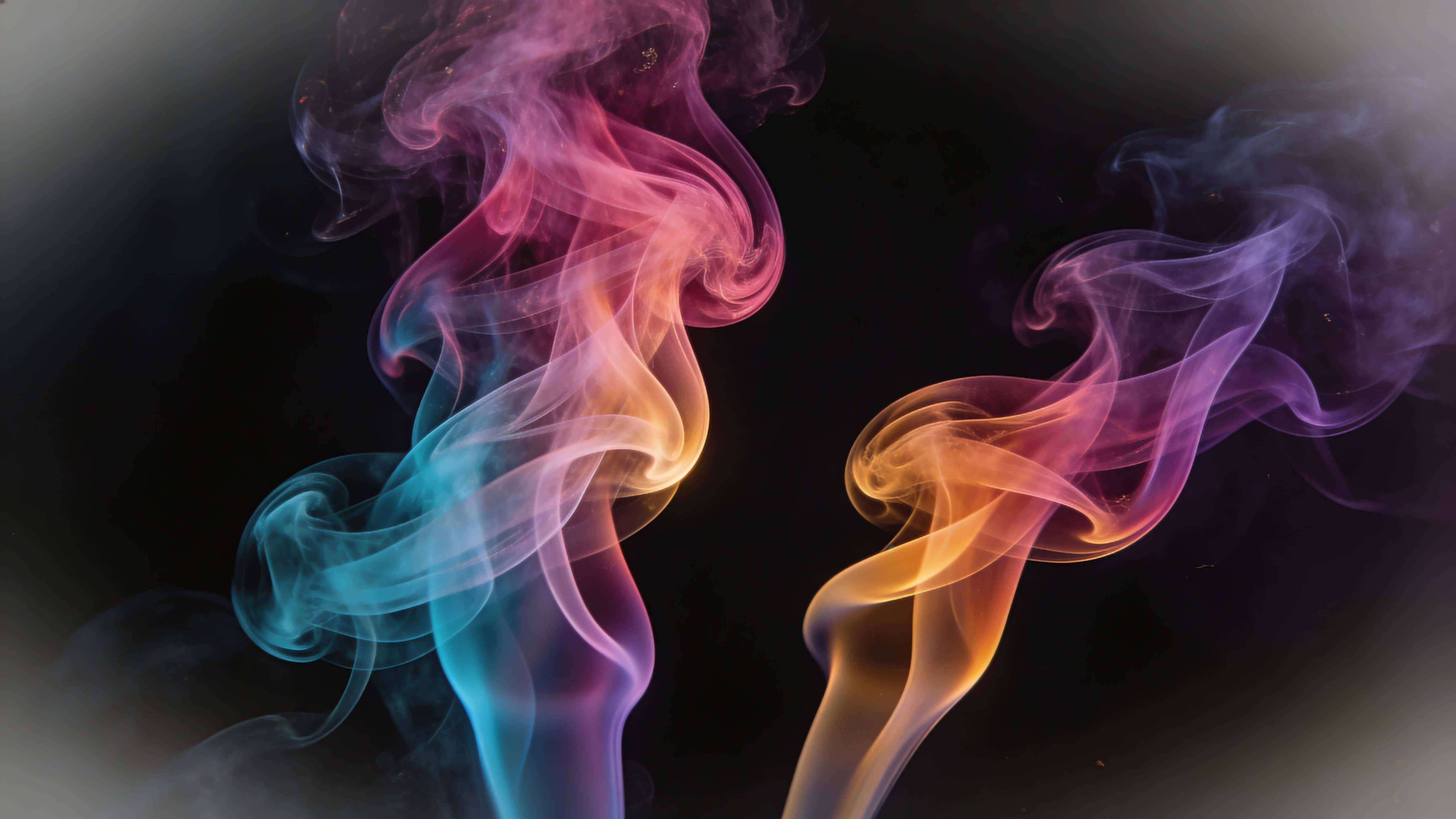 Vibrant translucent smoke ribbons in saturated hues curl over a deep black canvas, rendered as an abstract-photography wallpaper composition for widescreen displays.