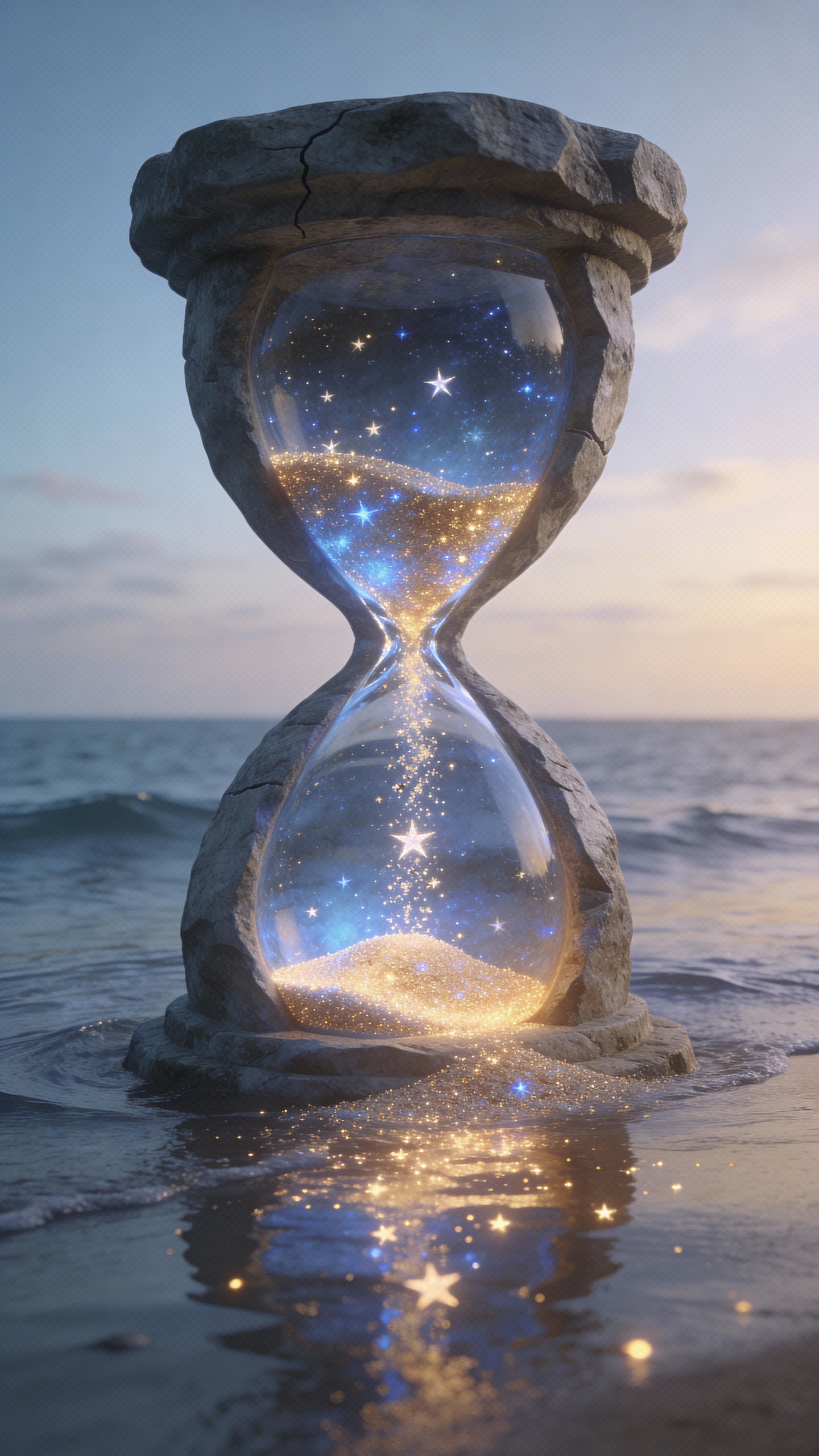 A colossal stone hourglass carved from a cliff pours luminous, star-like sand across a quiet shore while glowing particles scatter above a cinematic, emotional ocean scene.