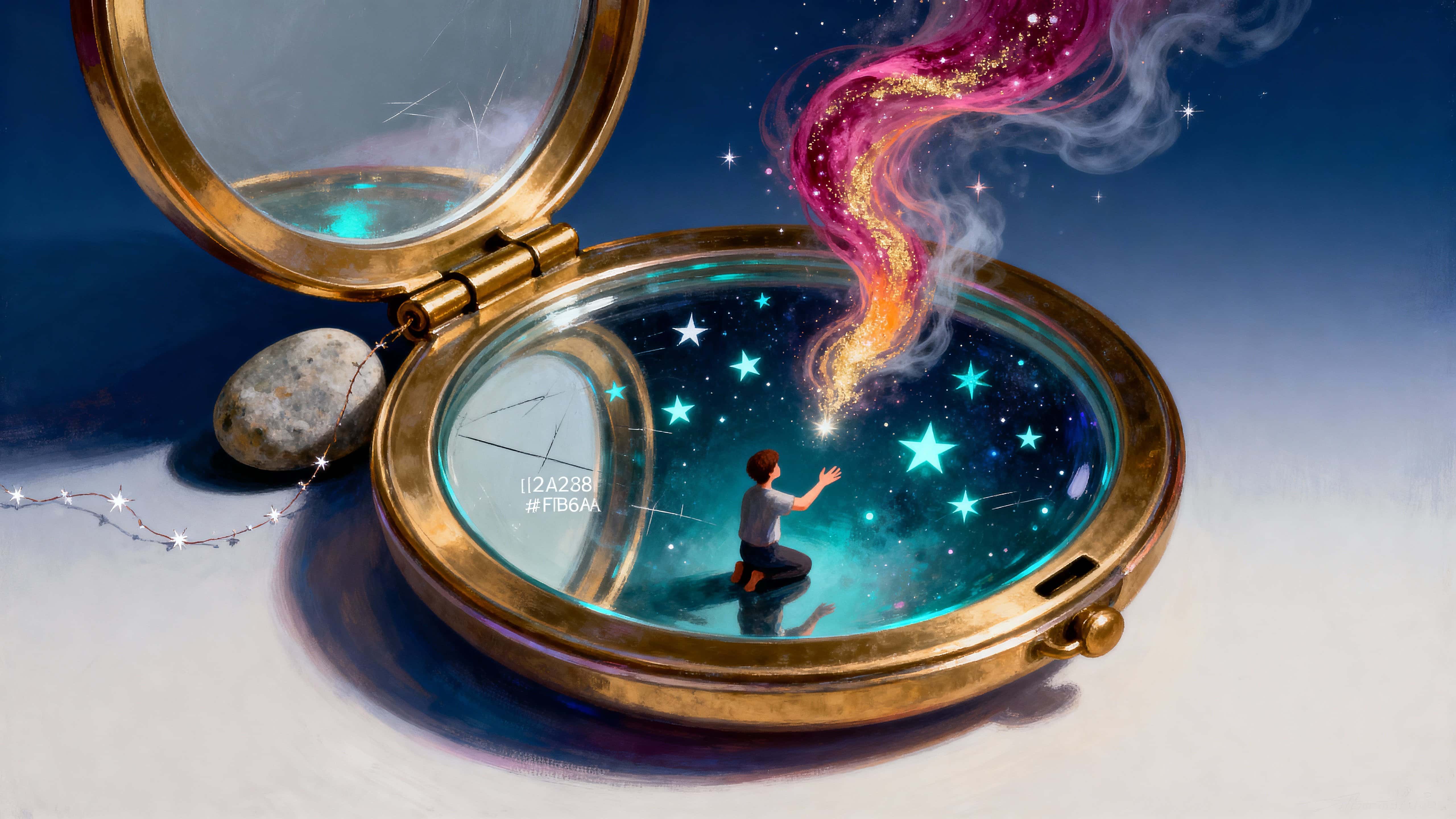 An open compact mirror cradles a miniature cosmos where floating stars drift above a reflective surface and a small silhouetted figure reaches toward a vivid swirling nebula within the frame.
