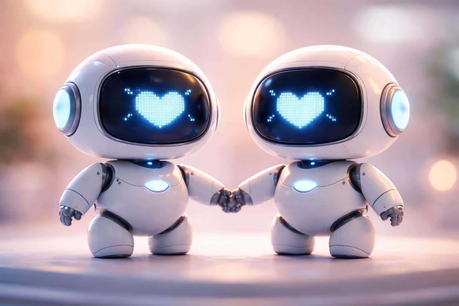 Cinematic 3:2 landscape render of two small white companion robots with expressive blue heart-eye screens, gently holding hands on a soft-focus platform amid a warm pastel gradient.