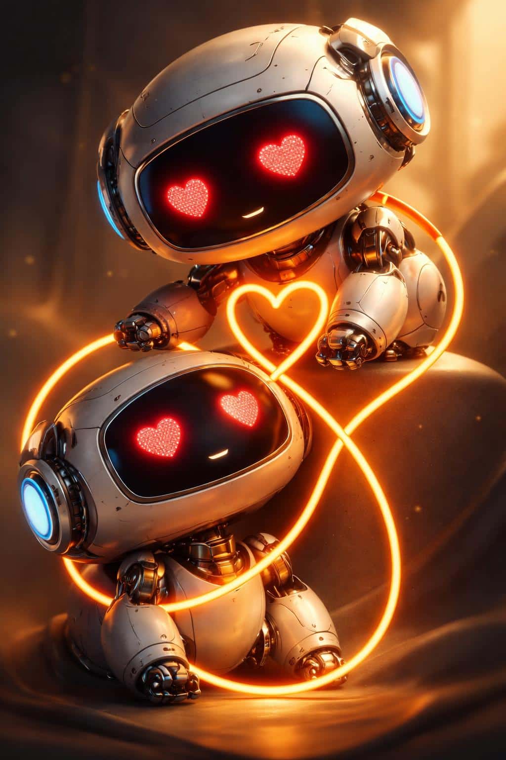 Cinematic vertical 2:3 3D render of two stacked companion robots sharing a glowing cable that forms a heart, with warm focused light on white mechanical bodies.