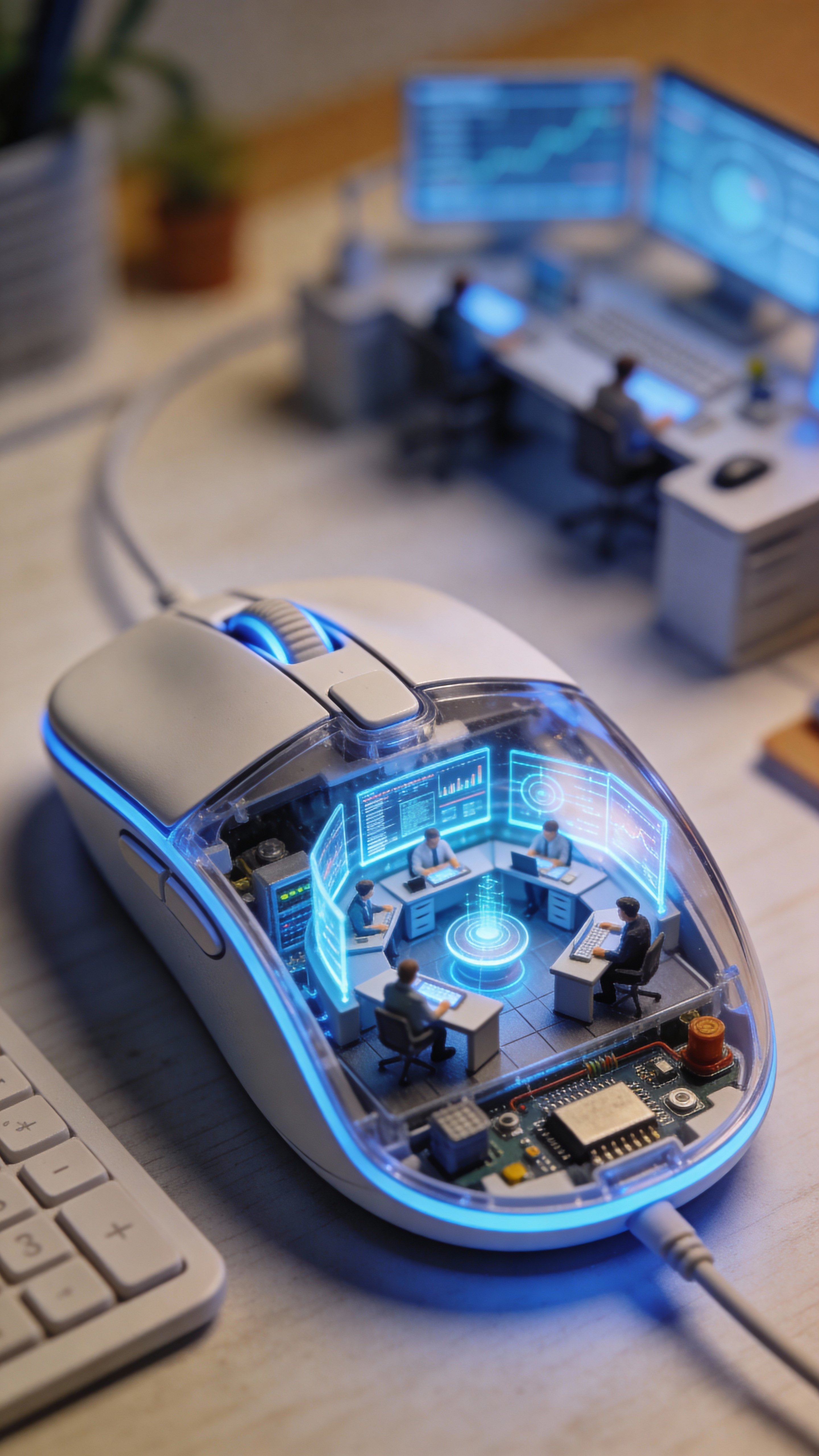 Vertical 9:16 macro view of a modern computer mouse with a transparent cutaway shell revealing a tiny futuristic control room where miniature people work at glowing holographic desks under soft blue LEDs.