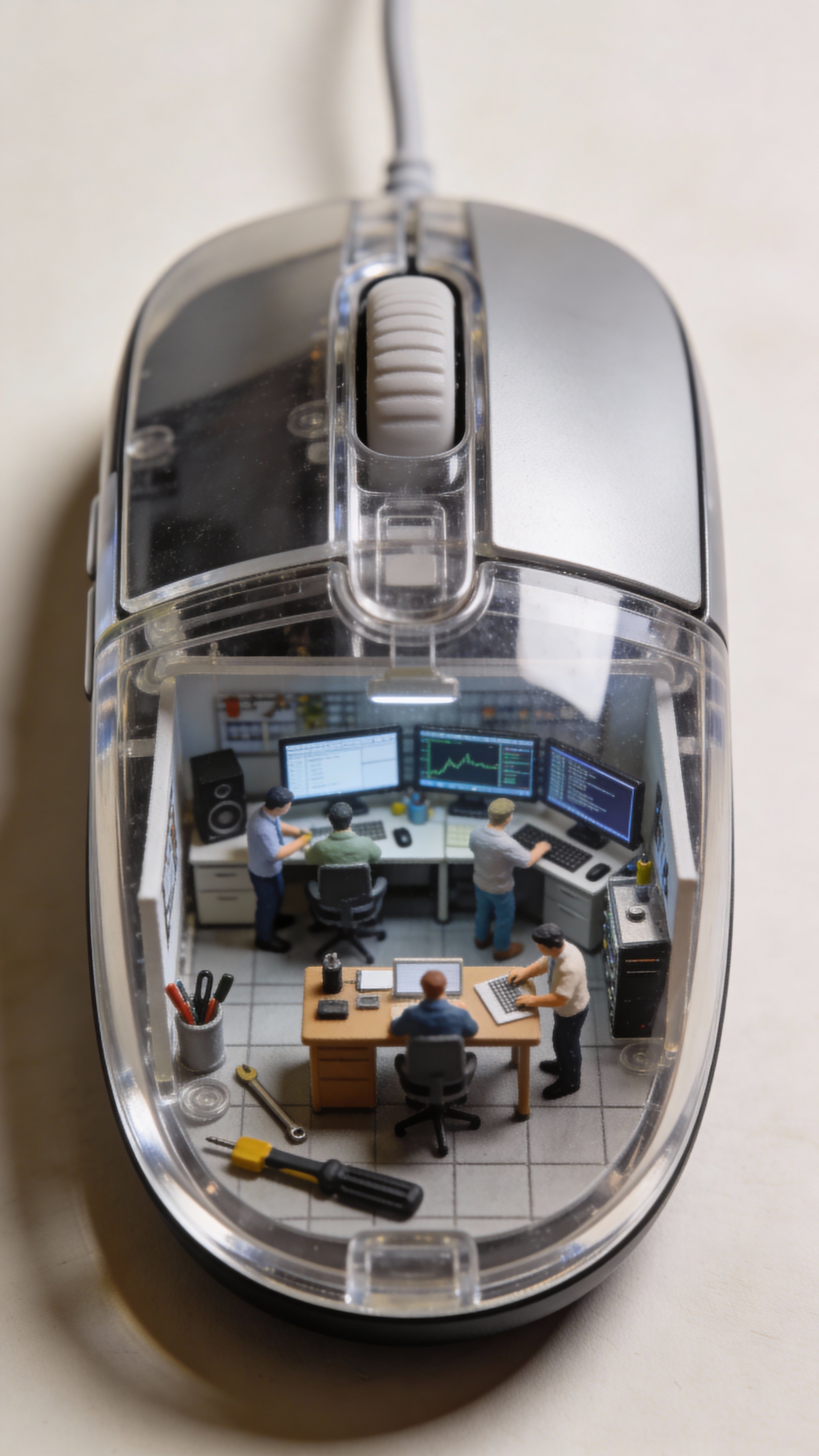 A vertical studio macro scene showing a clear-shelled computer mouse with tiny people arranging miniature desks, cables, and screens inside a realistic tech workspace with soft reflections and a neutral background.
