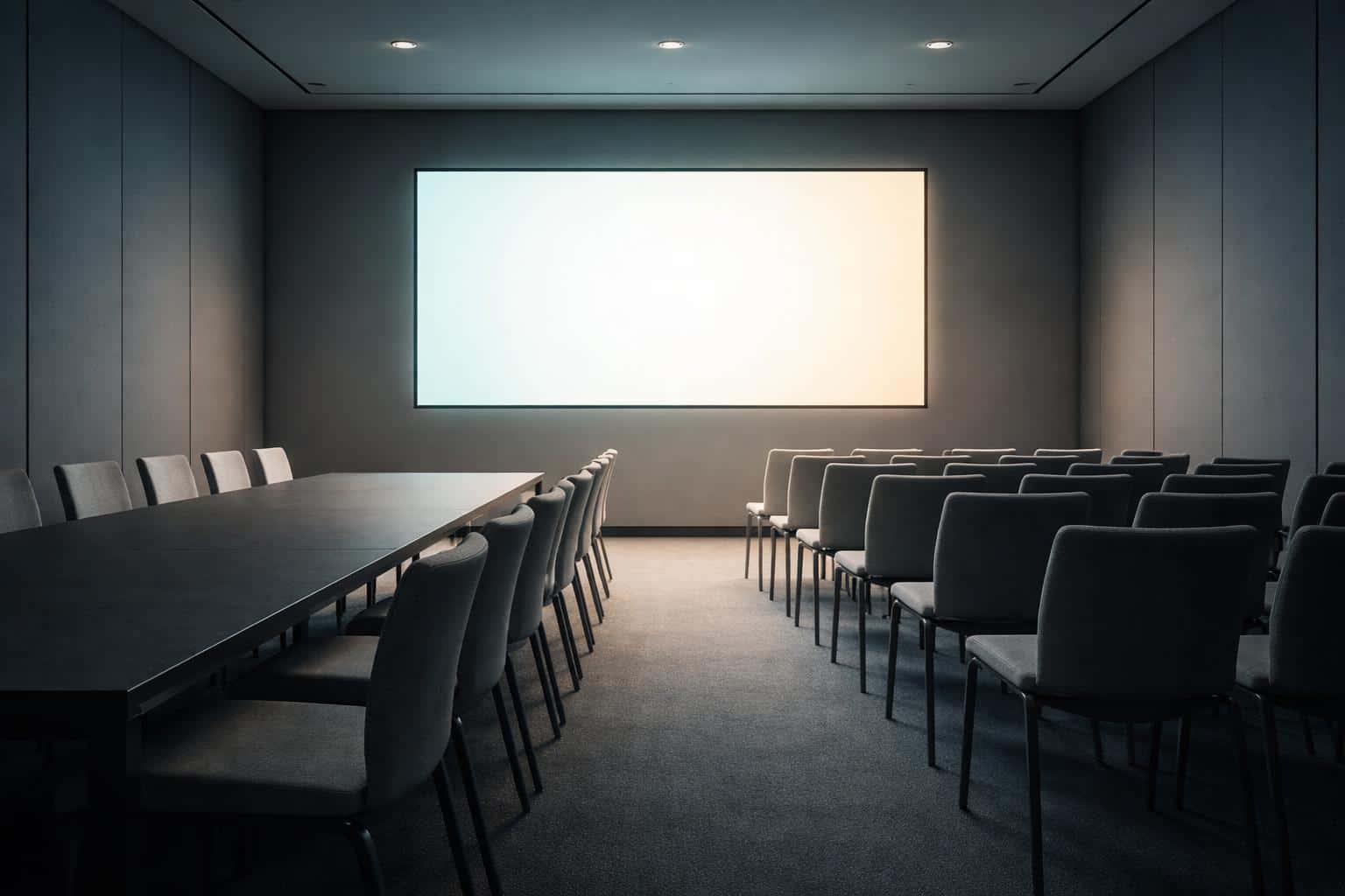 Conference room interior photographed as a clean architectural photograph with empty chairs and a glowing screen, composed for a 3:2 wallpaper or poster format.