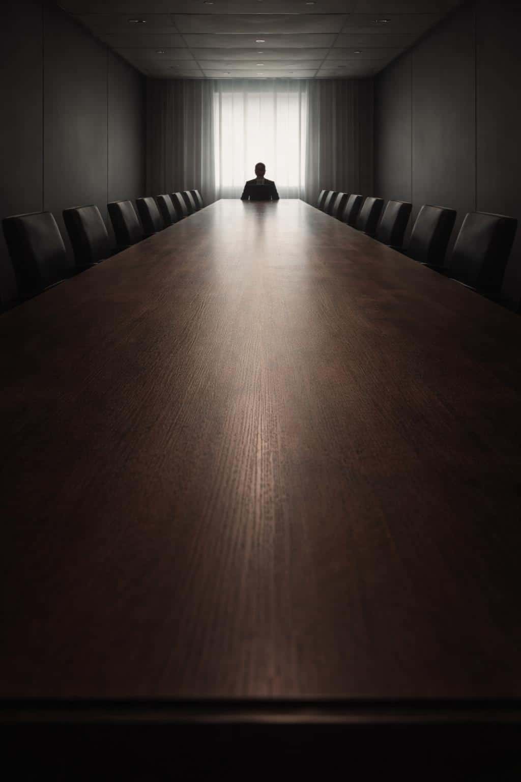 Long conference table stretches toward the viewer in a 2:3 portrait crop, one solitary person sits at the far end, captured as an editorial photography scene for poster-cover use.