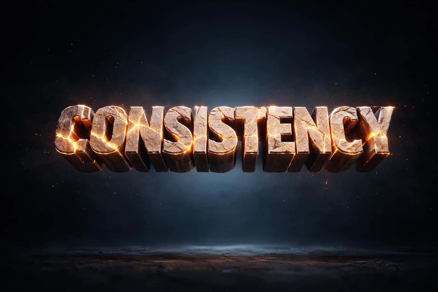 Floating word CONSISTENCY as cracked, internally glowing 3D lettering in a dark cinematic 3:2 poster-style composition with dramatic rim light and particles.