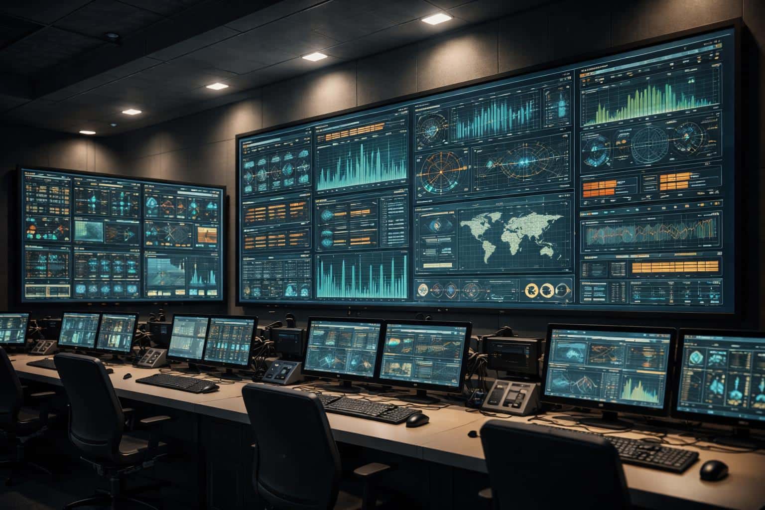 Control room interior shown as a wide 3:2 architectural scene with large production dashboards and operator consoles, designed as a clean, modern background for editorial and product visuals.