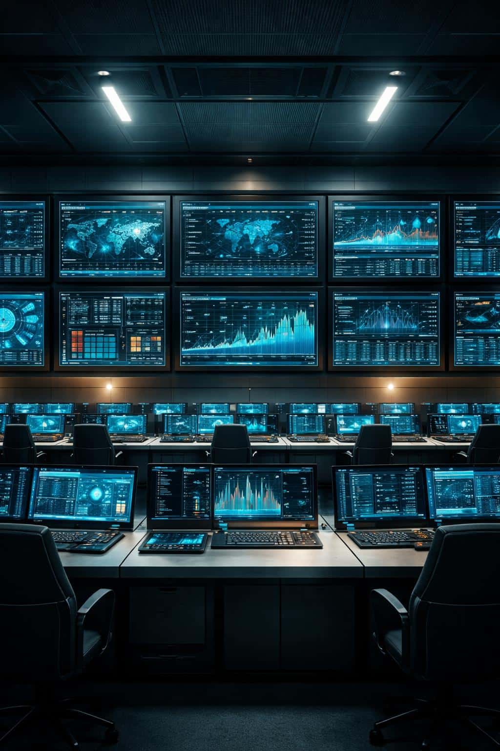 Wide control room interior photographed as a cinematic interior scene with multiple illuminated dashboards across the rear wall, framed for a 2:3 poster-cover composition.