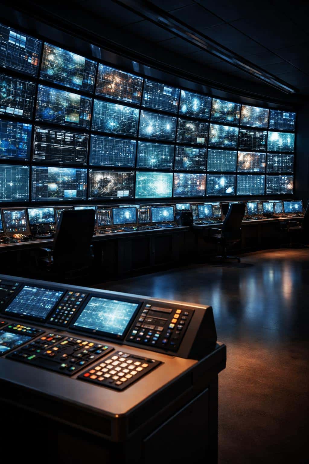 A vertical 2:3 interior image of a control room with wall-to-wall screens, soft ambient light, layered reflections, and precise framing for poster-cover use.