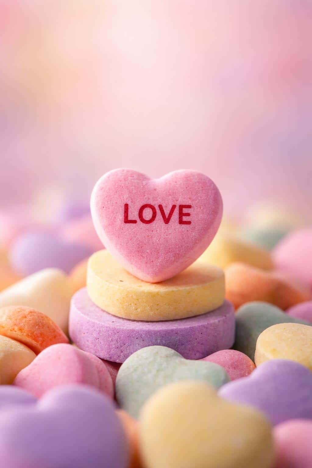 Vertical 2:3 cinematic macro of a single pink 'LOVE' candy heart sharply focused atop yellow and lavender hearts with a soft pastel background for text overlays.