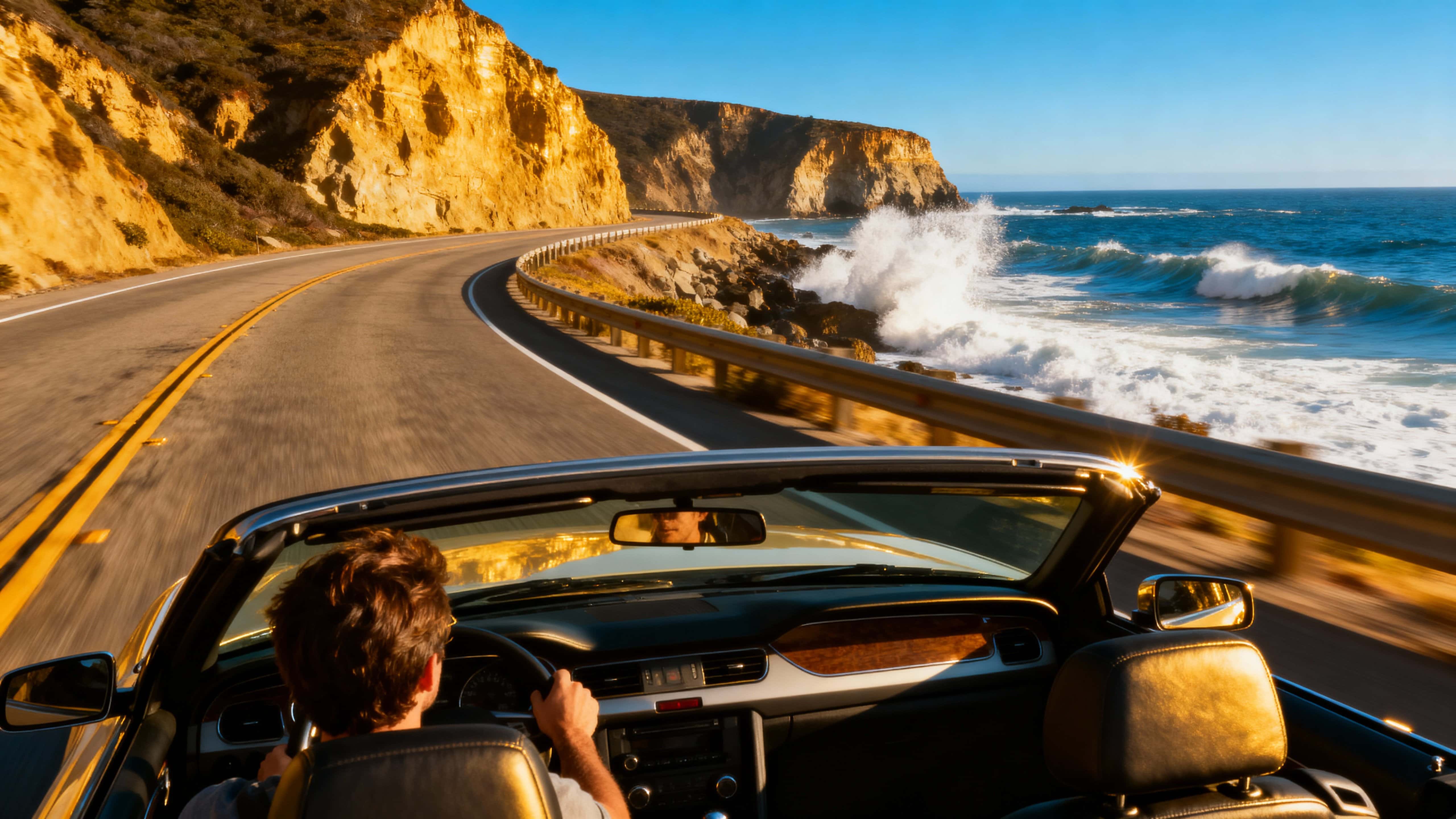 A convertible on the Pacific Coast Highway with waves crashing, bright sunlight casting golden reflections on chrome and water, framed in 16x9 low-angle wide composition emphasizing motion.