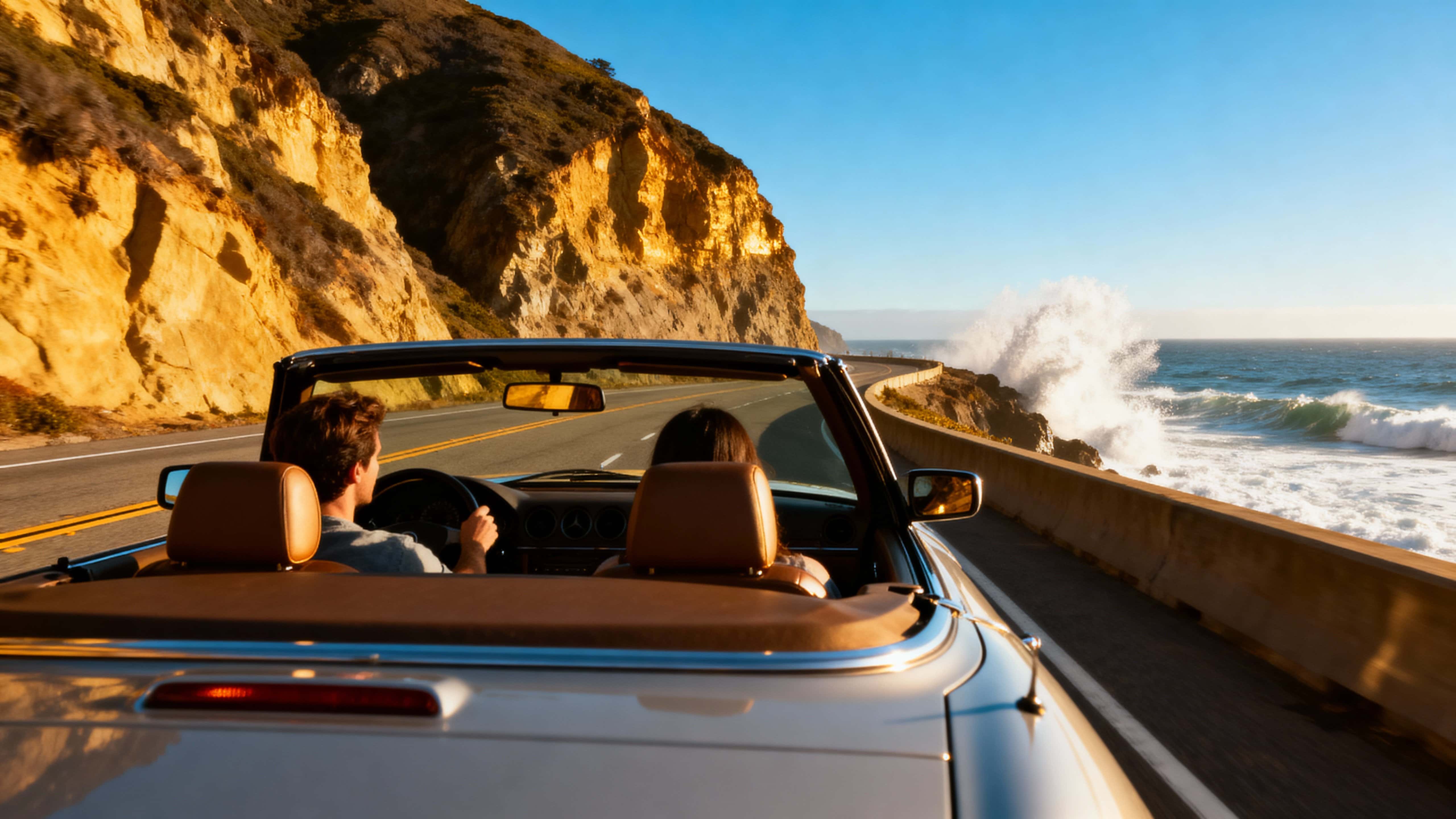 A convertible on the Pacific Coast Highway with waves crashing, bright sunlight casting golden reflections on chrome and water, framed in 16x9 low-angle wide composition emphasizing motion.