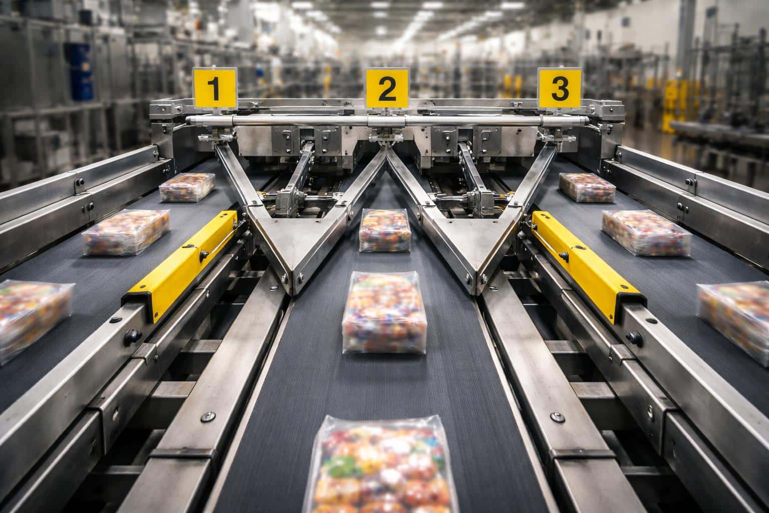 Close-up industrial product-photography of a conveyor system splitting packages into three lanes, composed for a 3:2 poster-cover with clear workflow legibility.