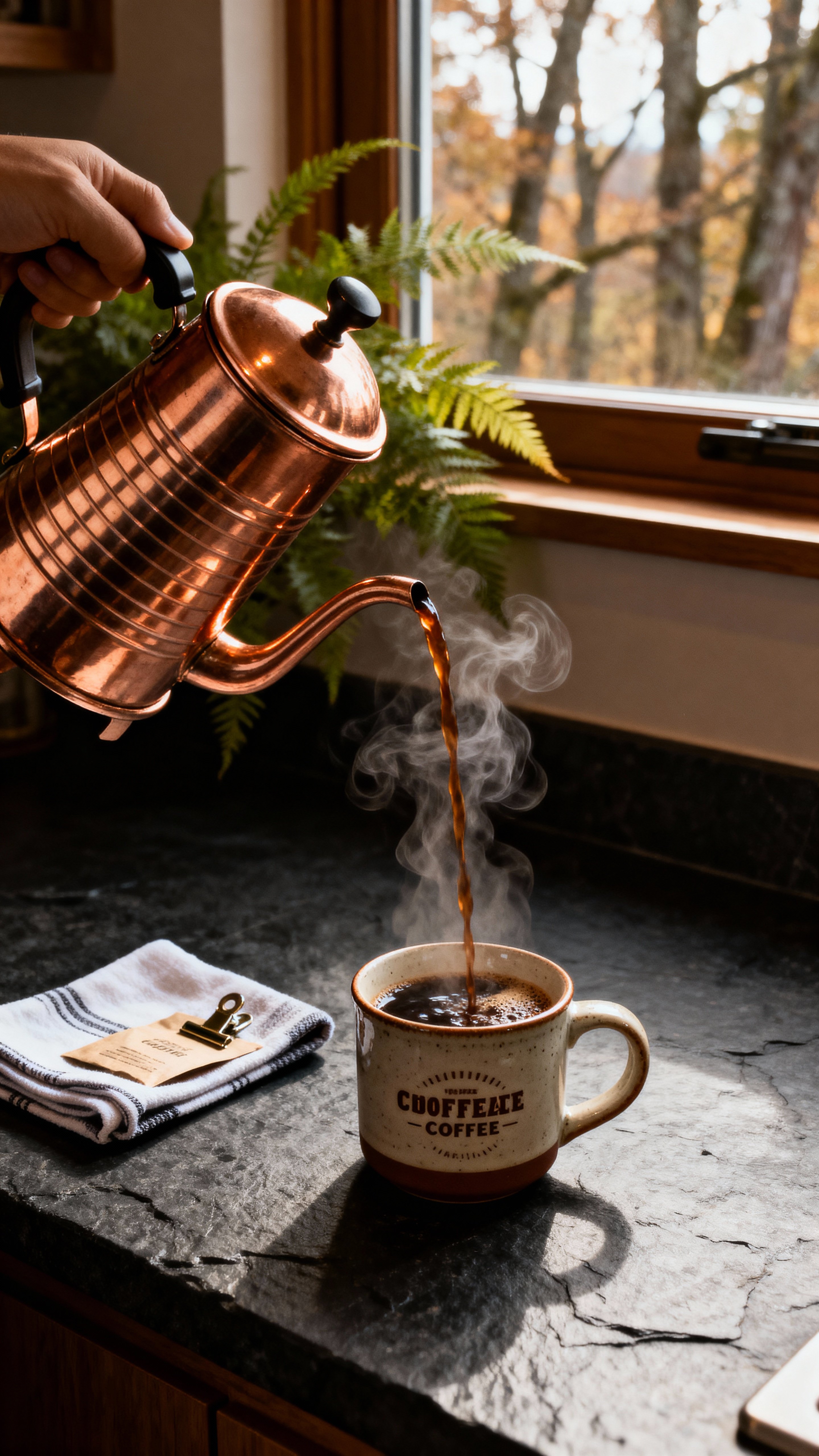 A copper French press pours a glossy stream into a cream ceramic mug on a textured slate counter by a window of turning trees, steam curling in warm, dim light with deep cocoa tones.