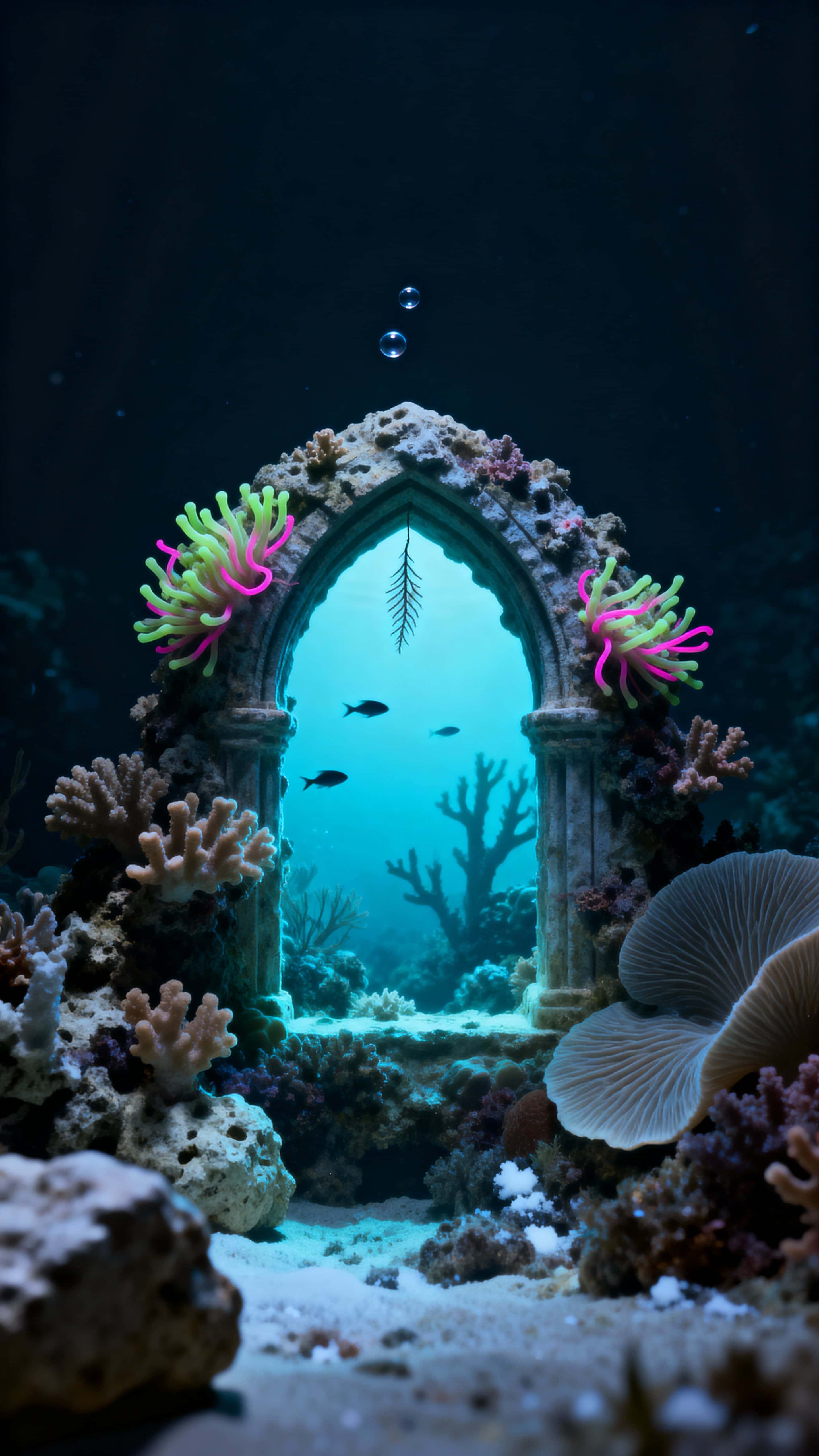 A cathedral-like coral arch frames a glowing aperture of tiny fish silhouettes and bioluminescent polyps in cerulean, lime, and fuchsia, with shallow foreground rock and a deep void, centered in 9:16 with soft reserved edges.