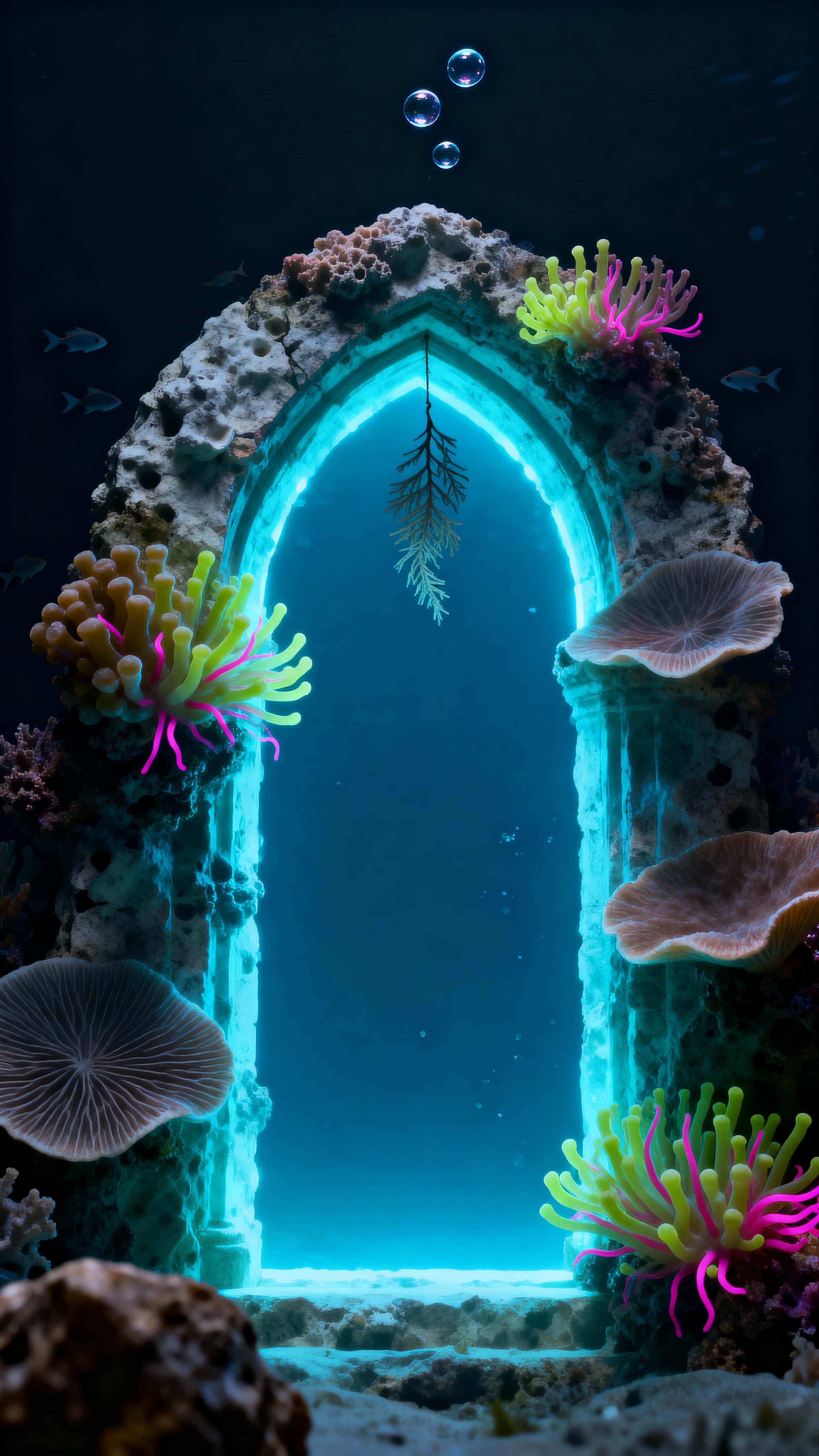 A vertical coral arch frames a glowing central aperture filled with quiet reef life, bioluminescent cerulean and threads of lime and fuchsia illuminate textured polyps while the periphery holds protected negative space for a contemplative,