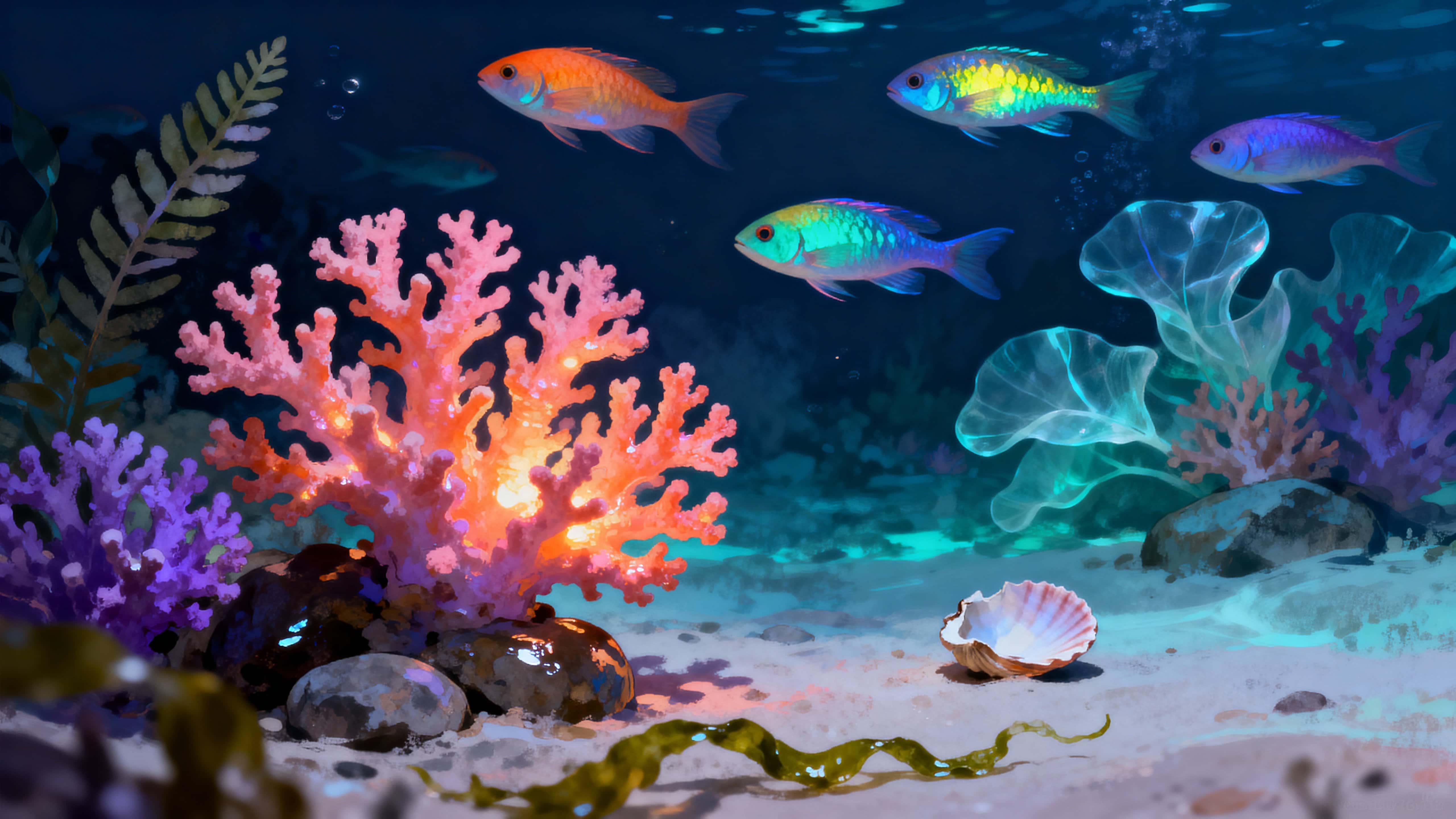 A luminous coral reef at night with neon coral formations and colorful fish weaving through soft shafts of light, composed for a 16:9 frame that emphasizes depth and immersive mood.