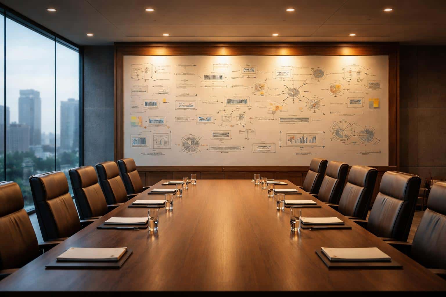 Corporate decision room photographed as a clean interior scene with an illuminated strategy wall, cinematic warm-edge lighting, and balanced 3:2 composition for poster-cover.