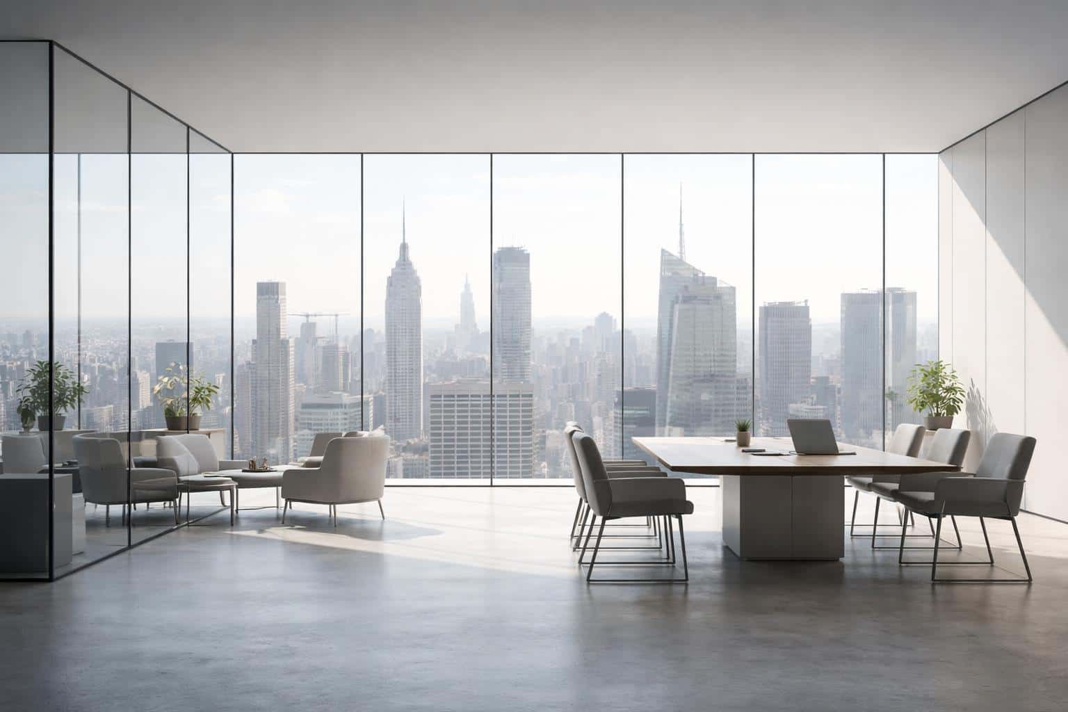 Minimalist corporate office interior photographed in a 3:2 aspect ratio with glass walls, a framed city skyline view, and calm daylight mood for poster or background use.