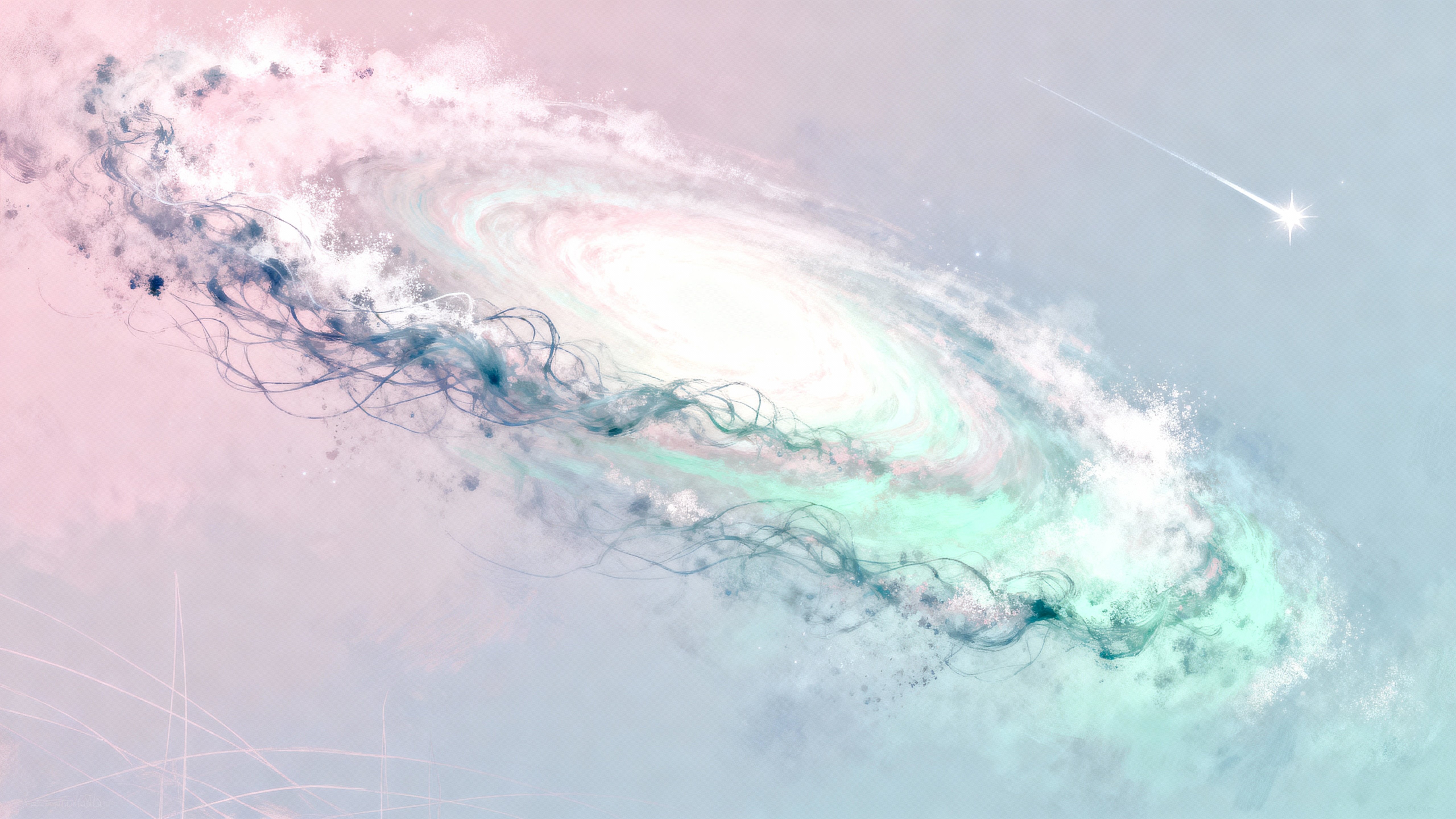 A wide 16:9 vista of a swirling cosmic dust cloud rendered in soft pastel pinks, blues and minty greens with gentle glow and layered depth to evoke quiet wonder.