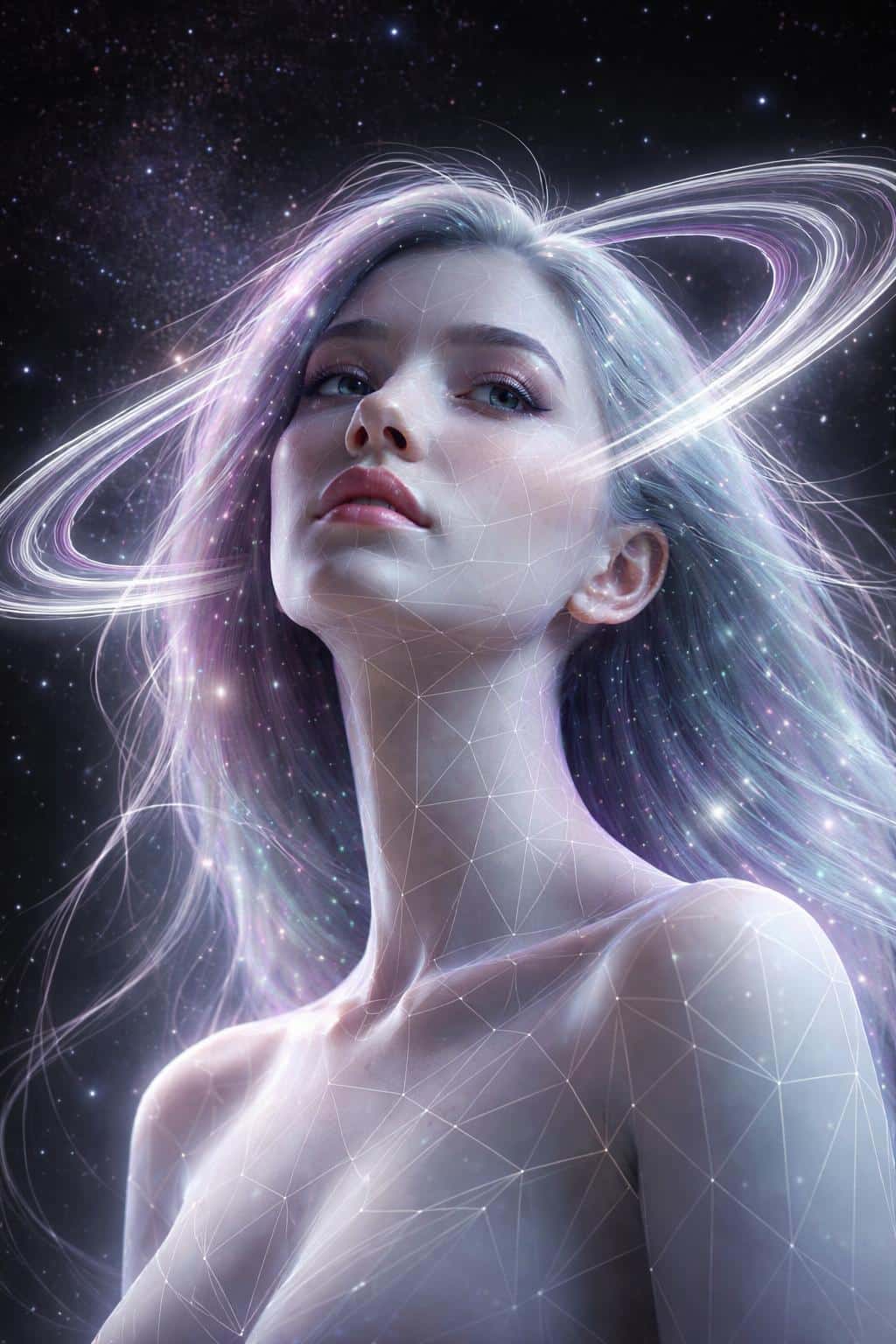 Close-up 3:2 portrait of a female cosmic bust rendered as a 3D scene with wireframe overlay, starfield background and ethereal glowing hair, for wallpaper use.