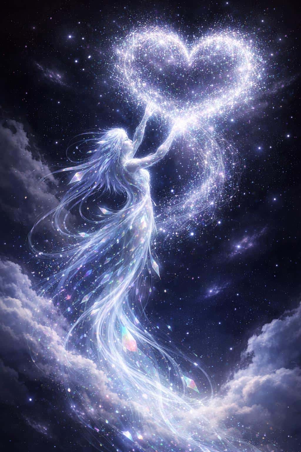 A vertical 2:3 surreal scene of a liquid-moonlight cosmic sprite of shimmering crystal shards ascending through a deep indigo sky as it sculpts a giant silver-stardust heart against a near-black galaxy-filled void.