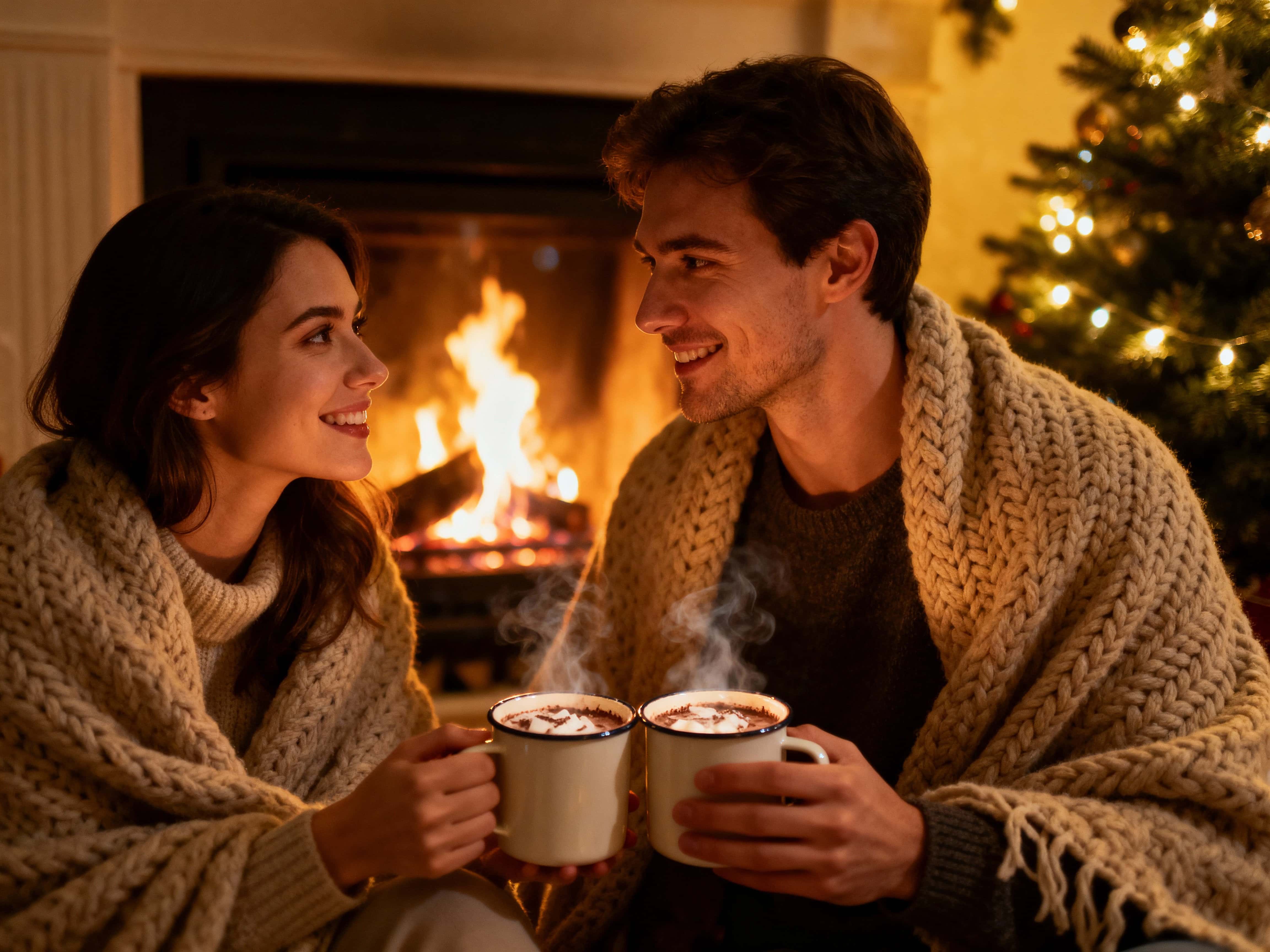 A couple sits near a glowing fireplace, wrapped in a cream blanket and holding mugs of hot chocolate, Christmas tree lights in warm gold and soft green casting a deep-red cocoa-brown glow.