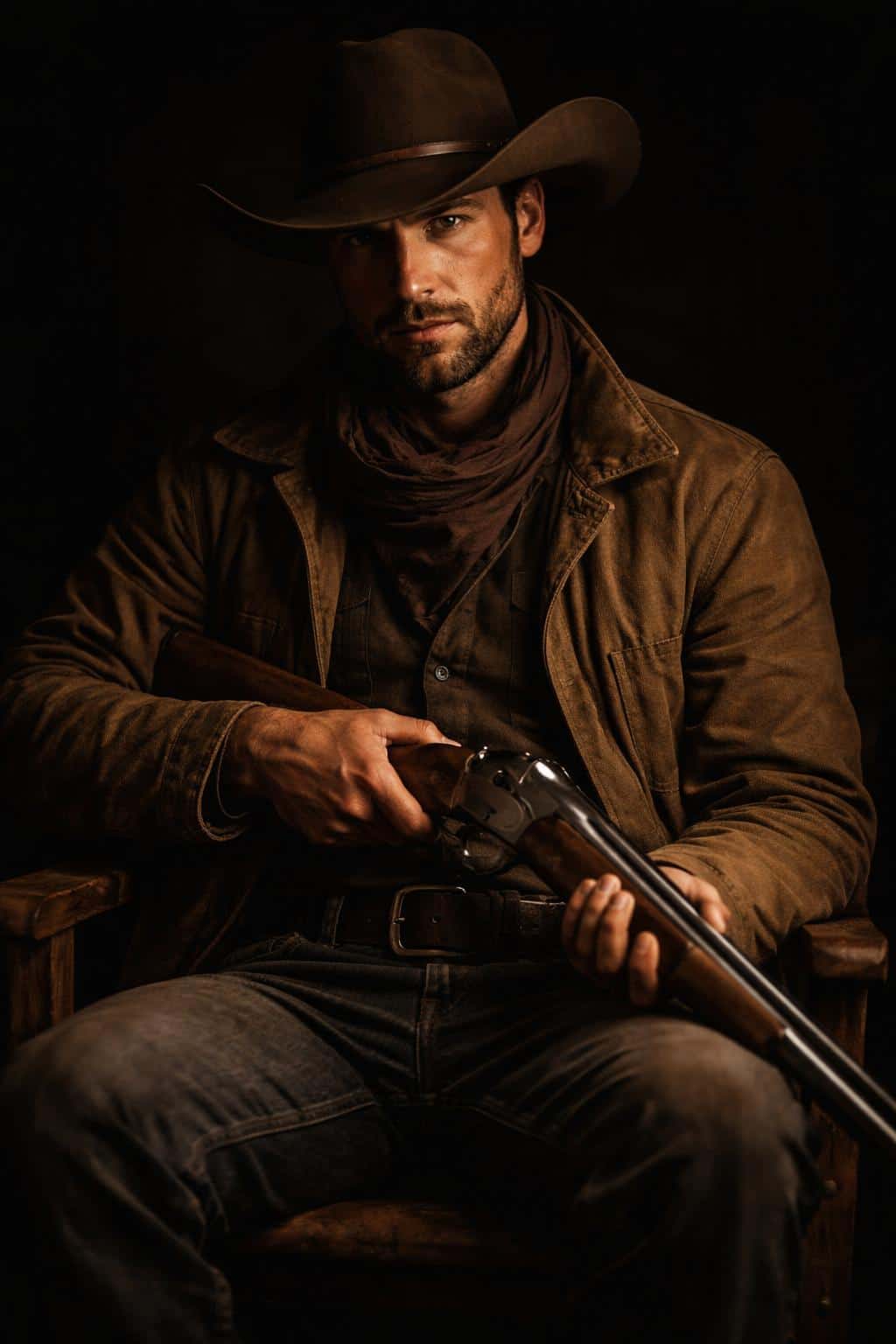 Seated male cowboy portrait in low-key studio photography, tightly cropped to a 2:3 vertical frame, emphasizing hands, hat and shotgun with dramatic shadowed modeling.