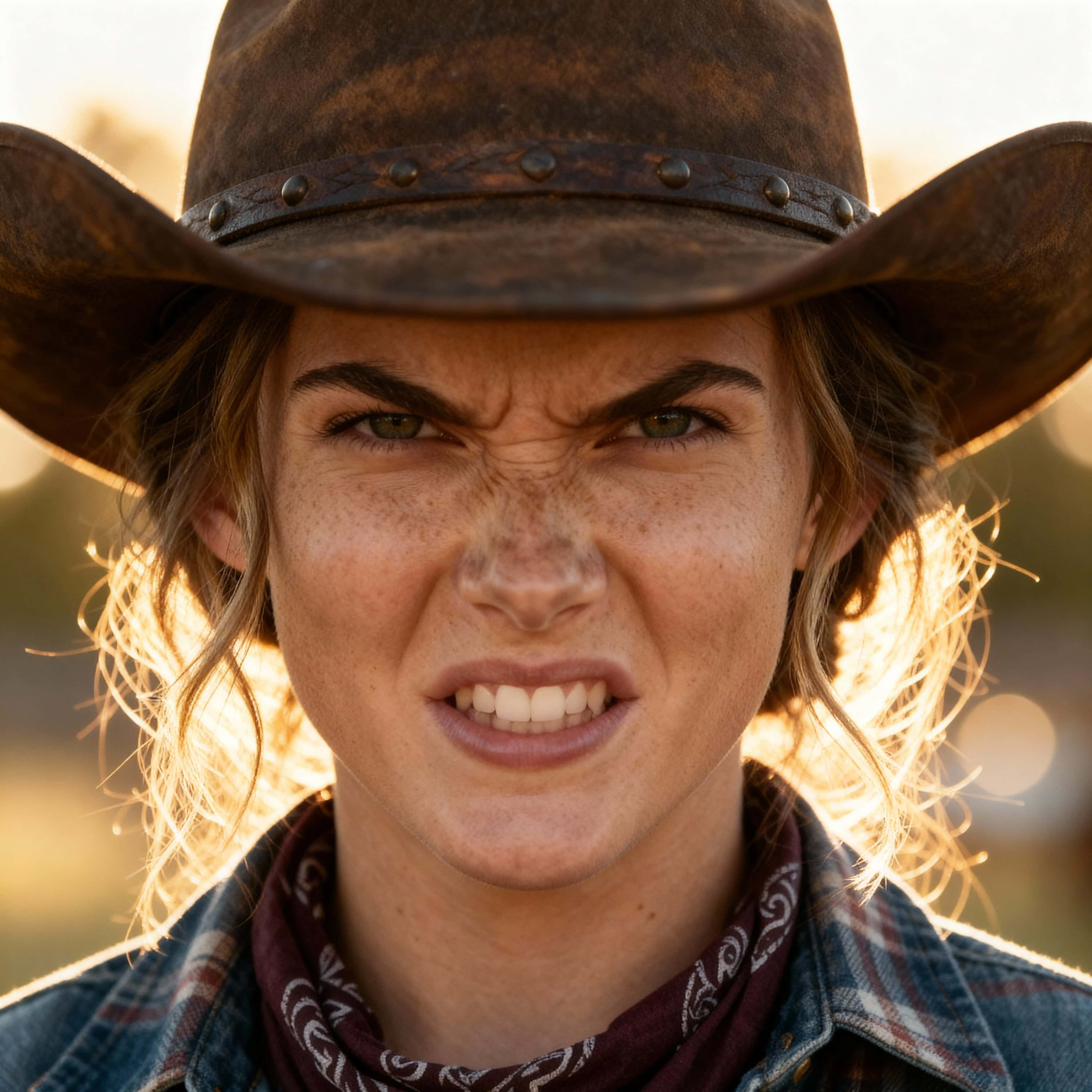 Cowgirl showcases an expression of intense fury.