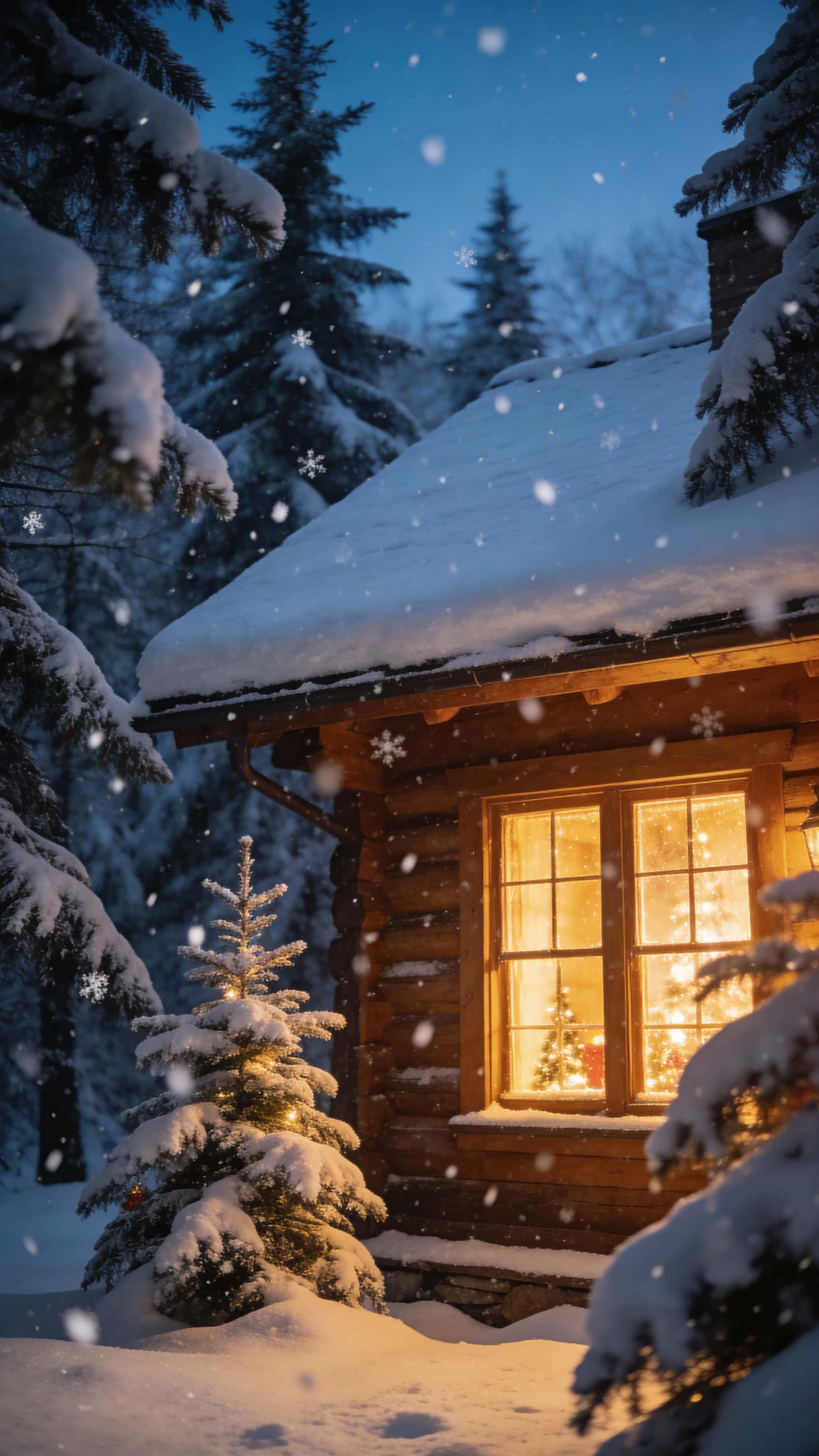 Vertical 9:16 view of a cozy snowy cabin on Christmas night, framed by pine trees with a snow-covered roof, gentle snowfall and warm window lights evoking a peaceful holiday mood.