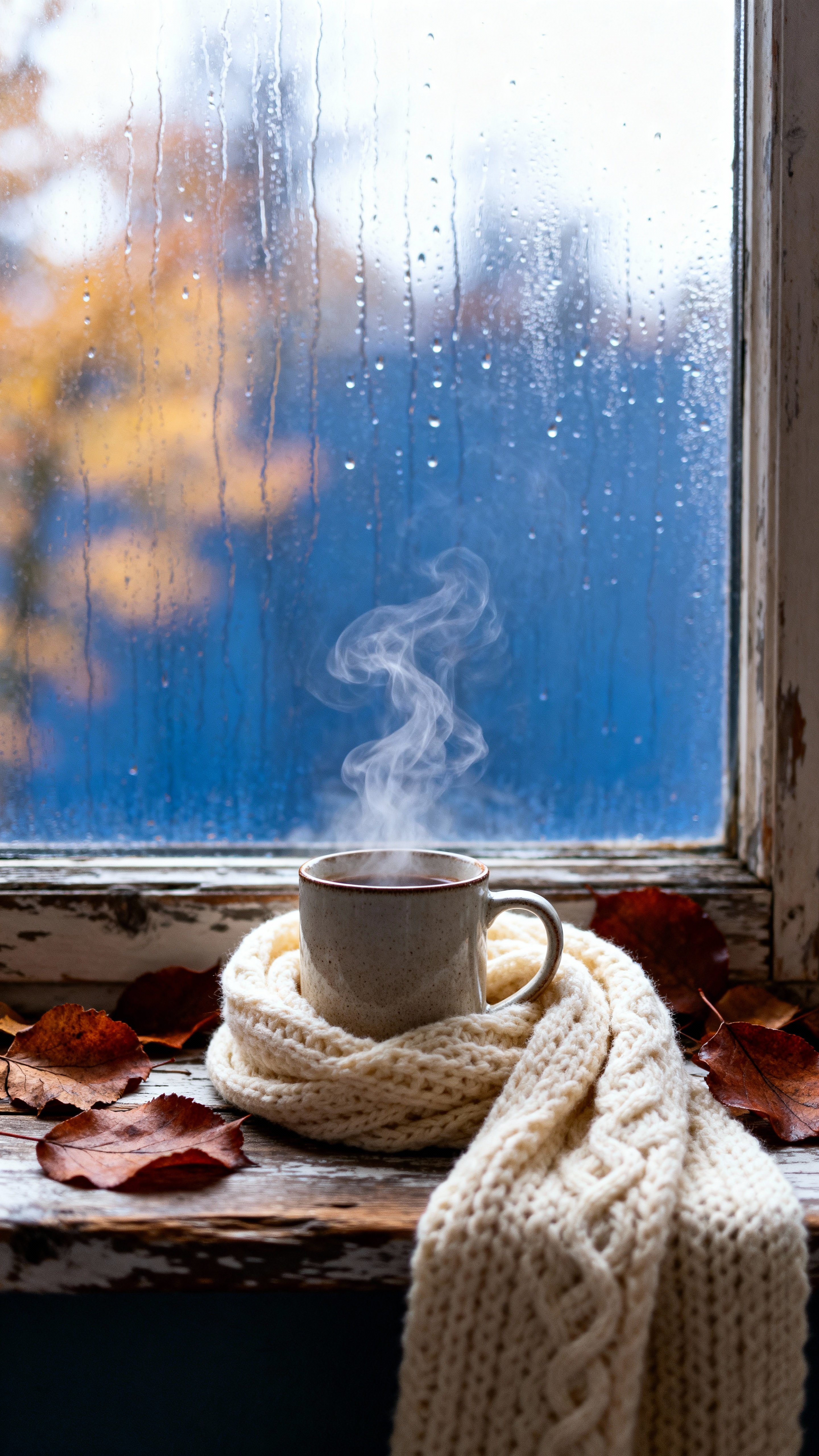 A steaming mug on a wooden windowsill with a knitted scarf and fallen rust leaves, rain-speckled glass and soft bokeh of slate-blue trees outside, tactile knit and warm cinnamon-cream tones.